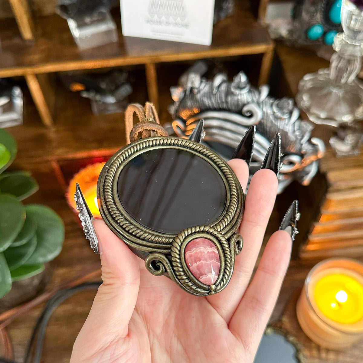 Handmade Natural Black Obsidian Pendant Necklace/Magic Obsidian Mirror Crystal Pendant/Scrying Mirror Talisman Protection Jewelry/Altar Tool