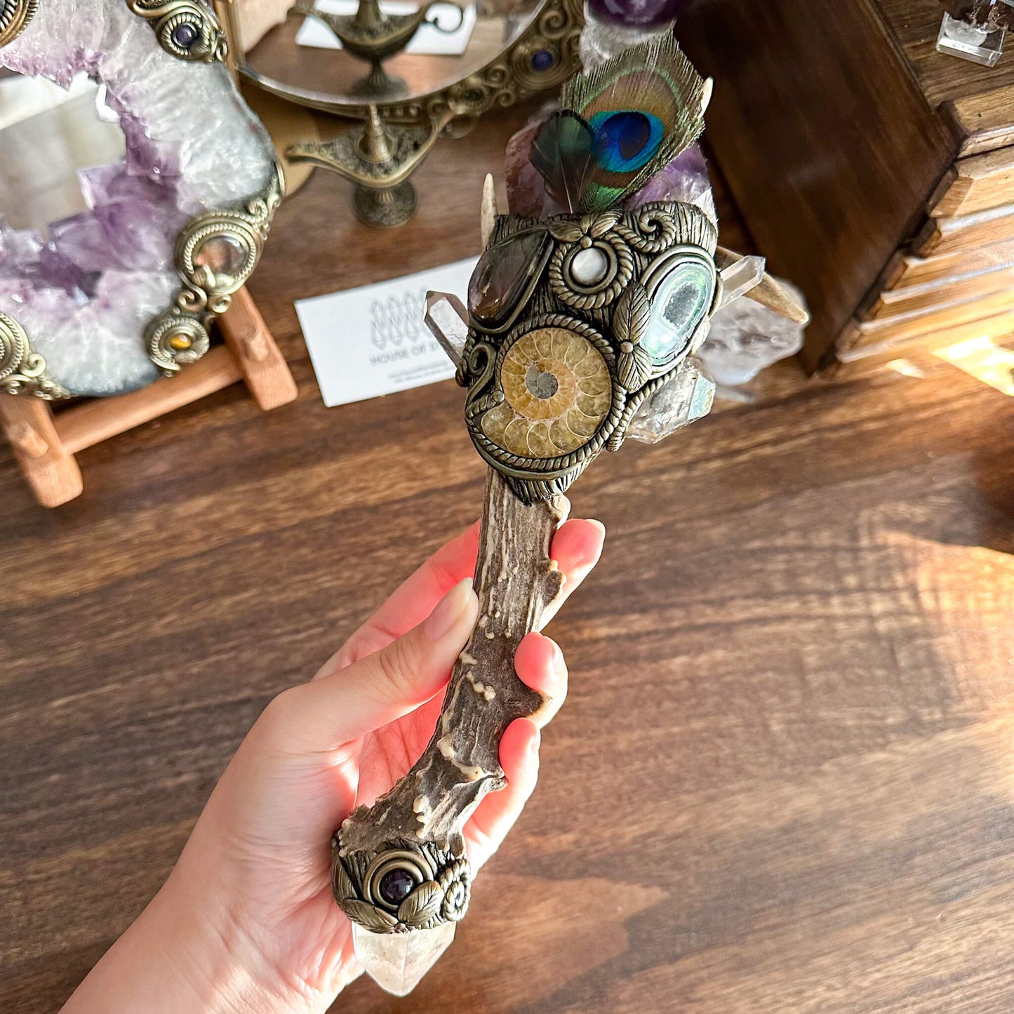 Handmade Natural Crystal Amethyst Antler Wand/Magic Smoky Quartz Witch Wand/Labradorite Amethyst Ammonite Antler Stem/Chakra/Altar Tool