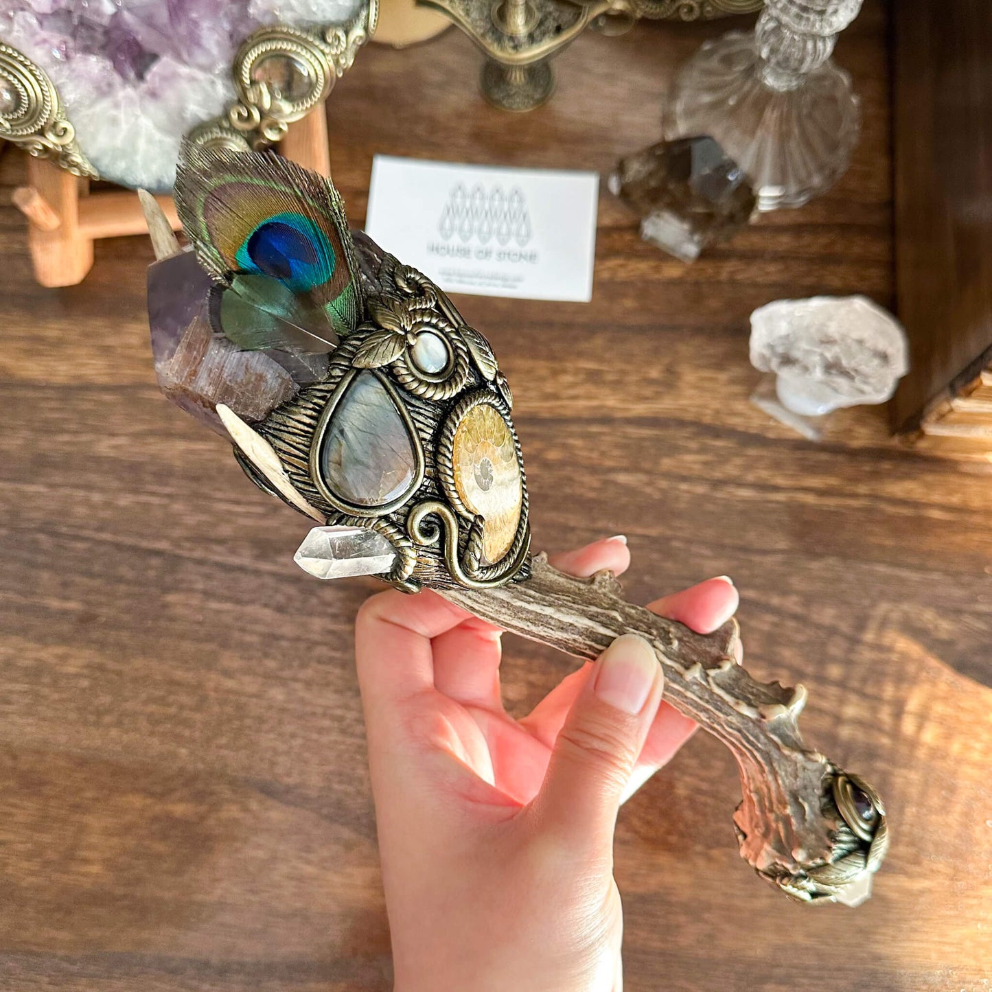 Handmade Natural Crystal Amethyst Antler Wand/Magic Smoky Quartz Witch Wand/Labradorite Amethyst Ammonite Antler Stem/Chakra/Altar Tool