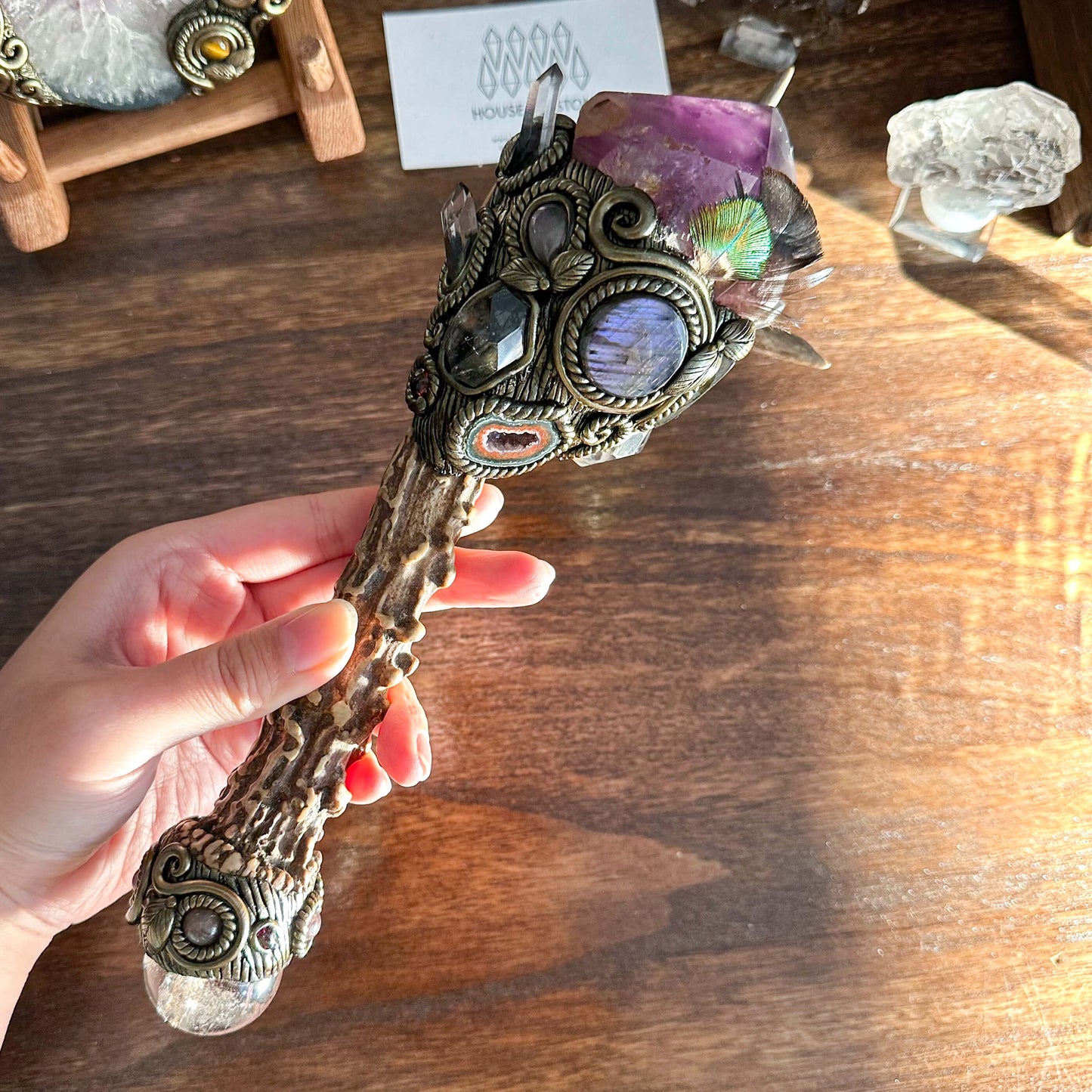 Handmade Natural Crystal Amethyst Antler Wand/Magic Smoky Quartz Witch Wand/Labradorite Amethyst Ammonite Antler Stem/Chakra/Altar Tool
