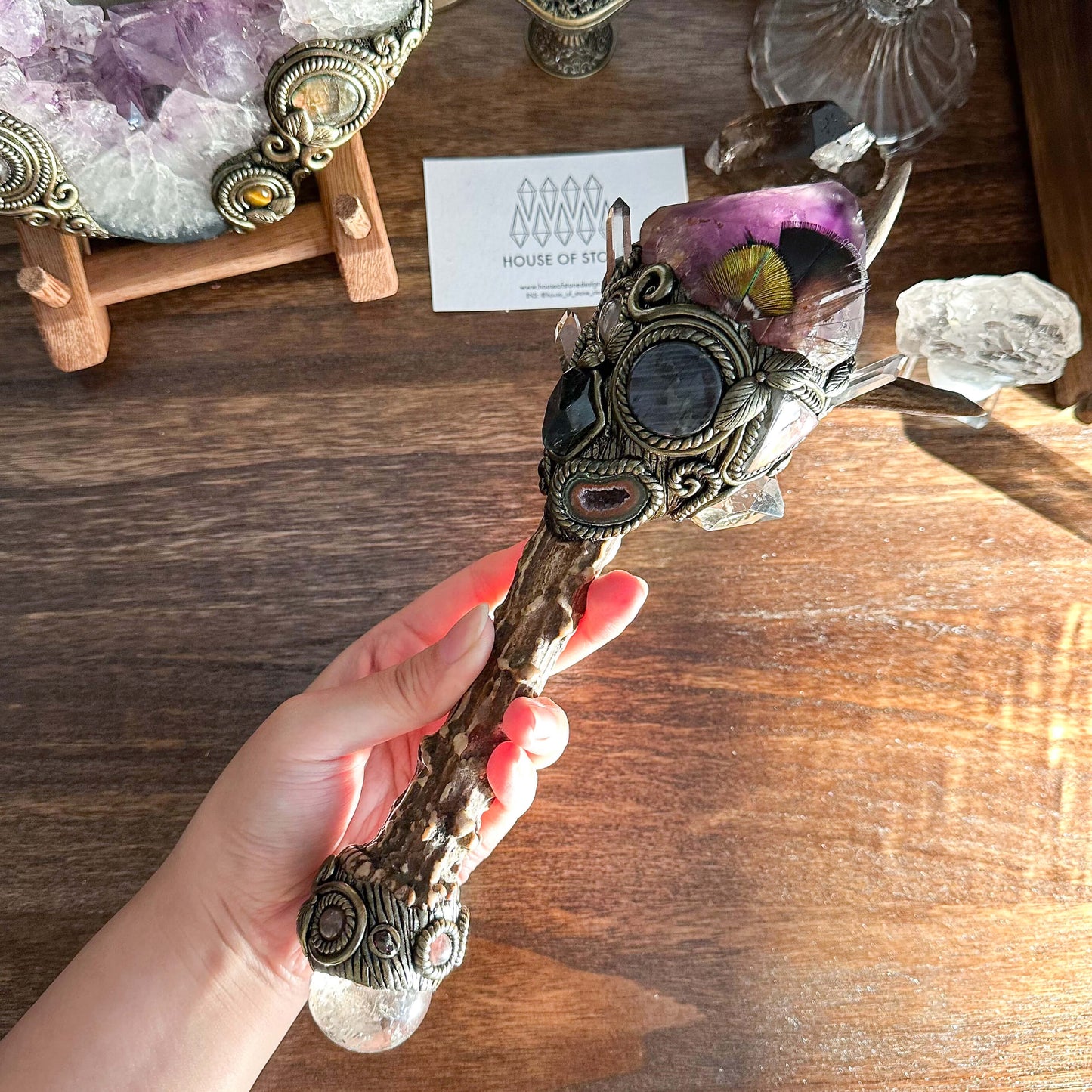 Handmade Natural Crystal Amethyst Antler Wand/Magic Smoky Quartz Witch Wand/Labradorite Amethyst Ammonite Antler Stem/Chakra/Altar Tool