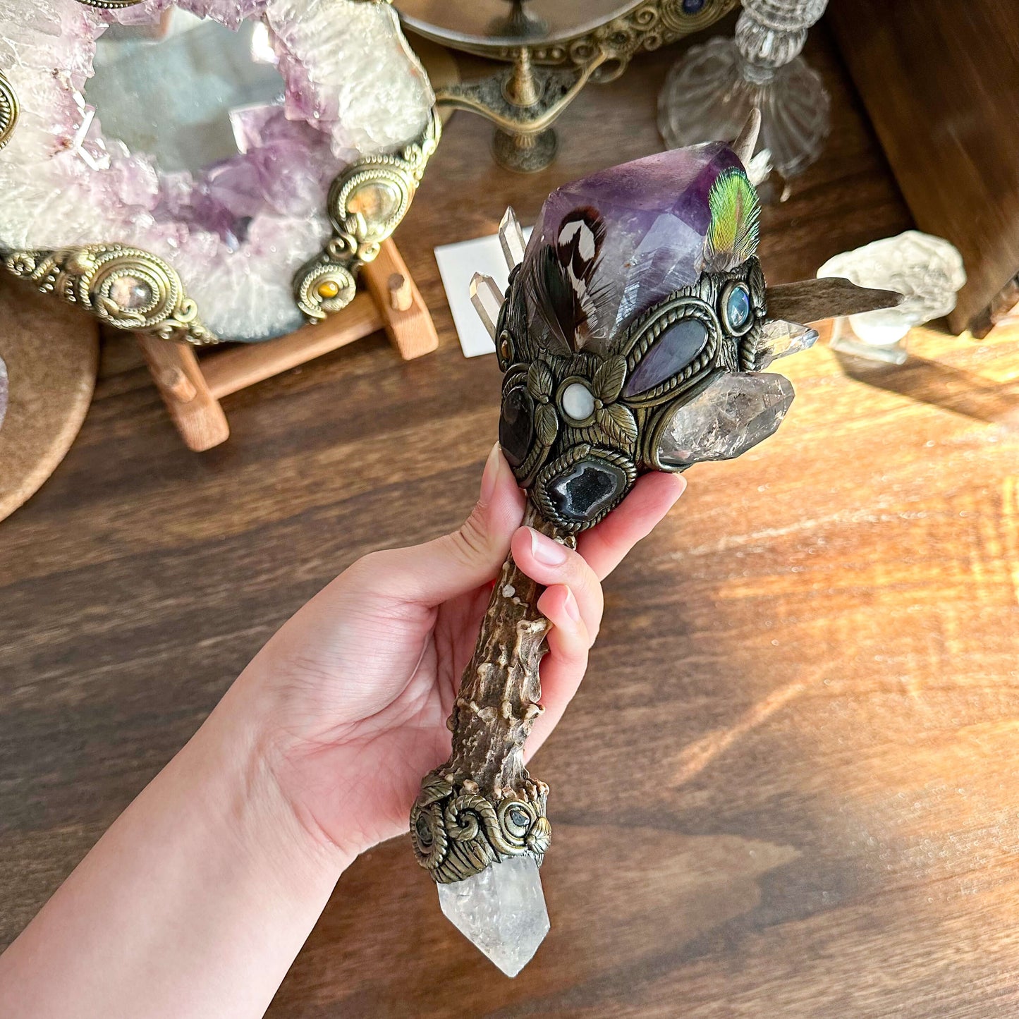 Handmade Natural Crystal Amethyst Antler Wand/Magic Smoky Quartz Witch Wand/Labradorite Amethyst Ammonite Antler Stem/Chakra/Altar Tool