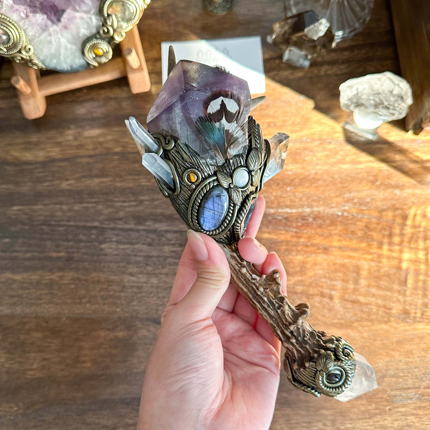 Handmade Natural Crystal Amethyst Antler Wand/Magic Smoky Quartz Witch Wand/Labradorite Amethyst Ammonite Antler Stem/Chakra/Altar Tool