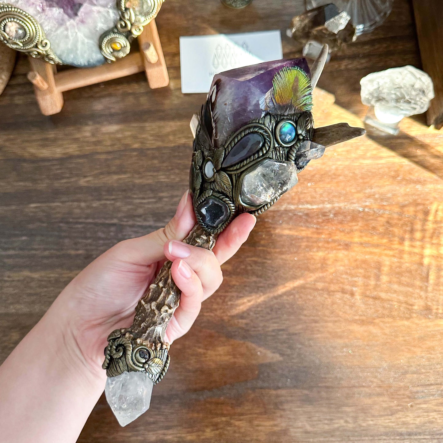 Handmade Natural Crystal Amethyst Antler Wand/Magic Smoky Quartz Witch Wand/Labradorite Amethyst Ammonite Antler Stem/Chakra/Altar Tool