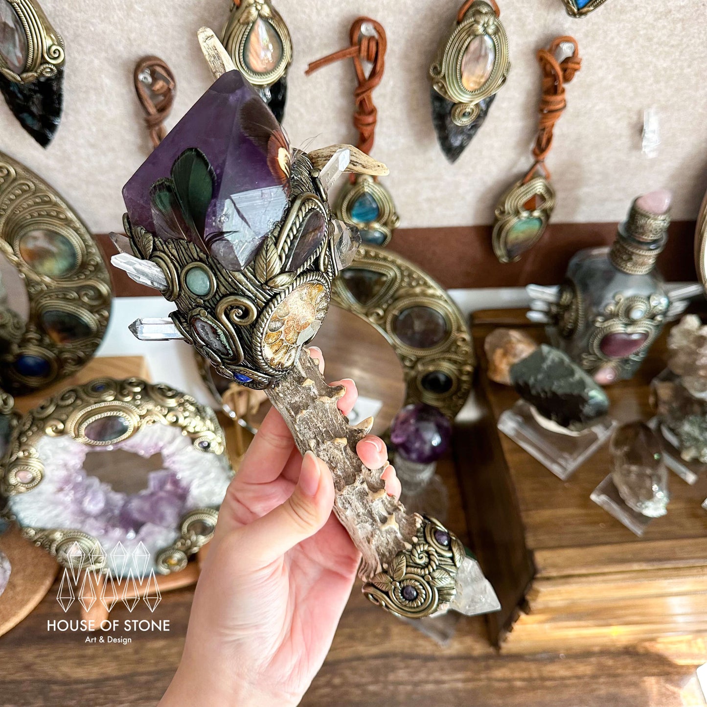 Handmade Natural Crystal Amethyst Antler Wand/Magic Smoky Quartz Witch Wand/Labradorite Amethyst Ammonite Antler Stem/Chakra/Altar Tool