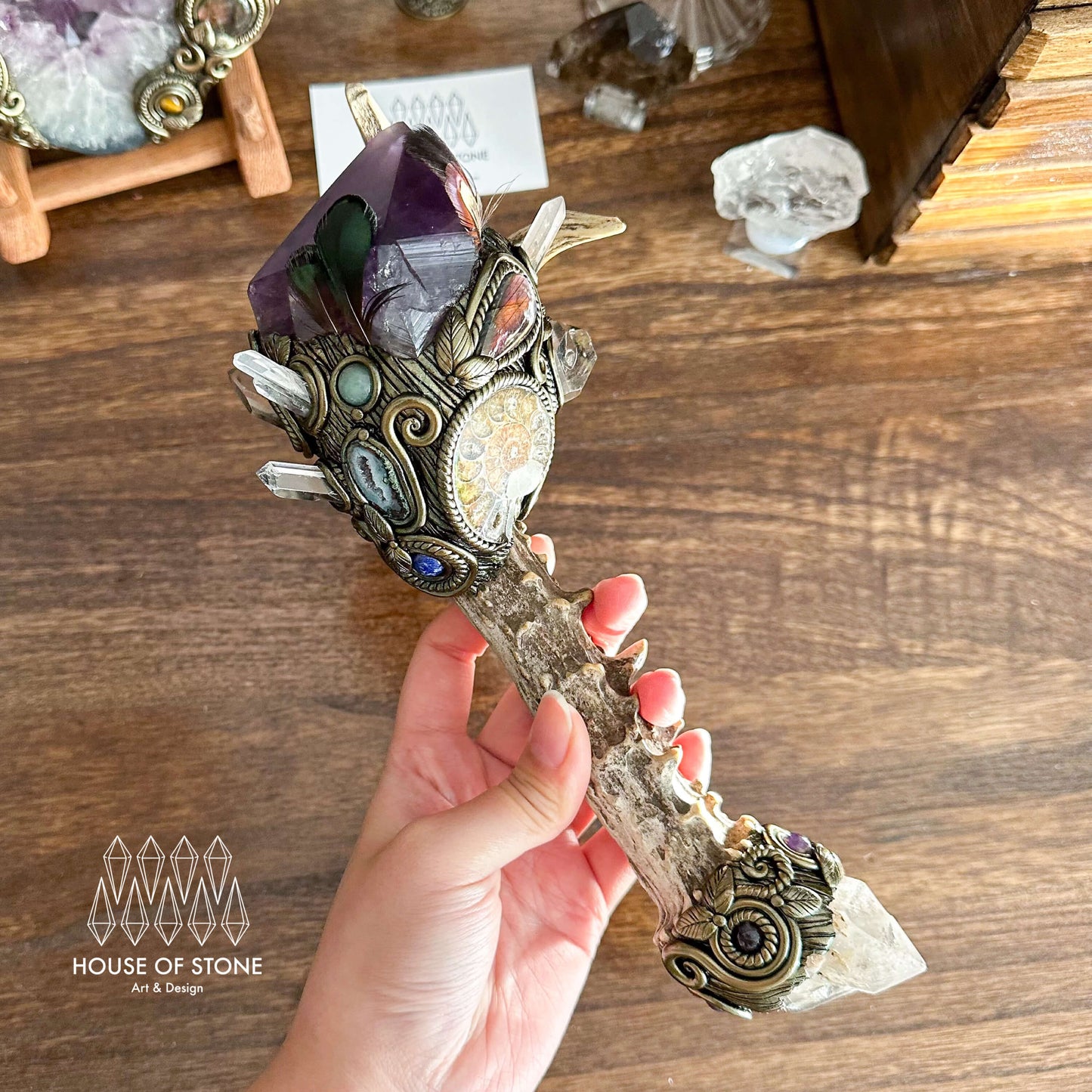 Handmade Natural Crystal Amethyst Antler Wand/Magic Smoky Quartz Witch Wand/Labradorite Amethyst Ammonite Antler Stem/Chakra/Altar Tool