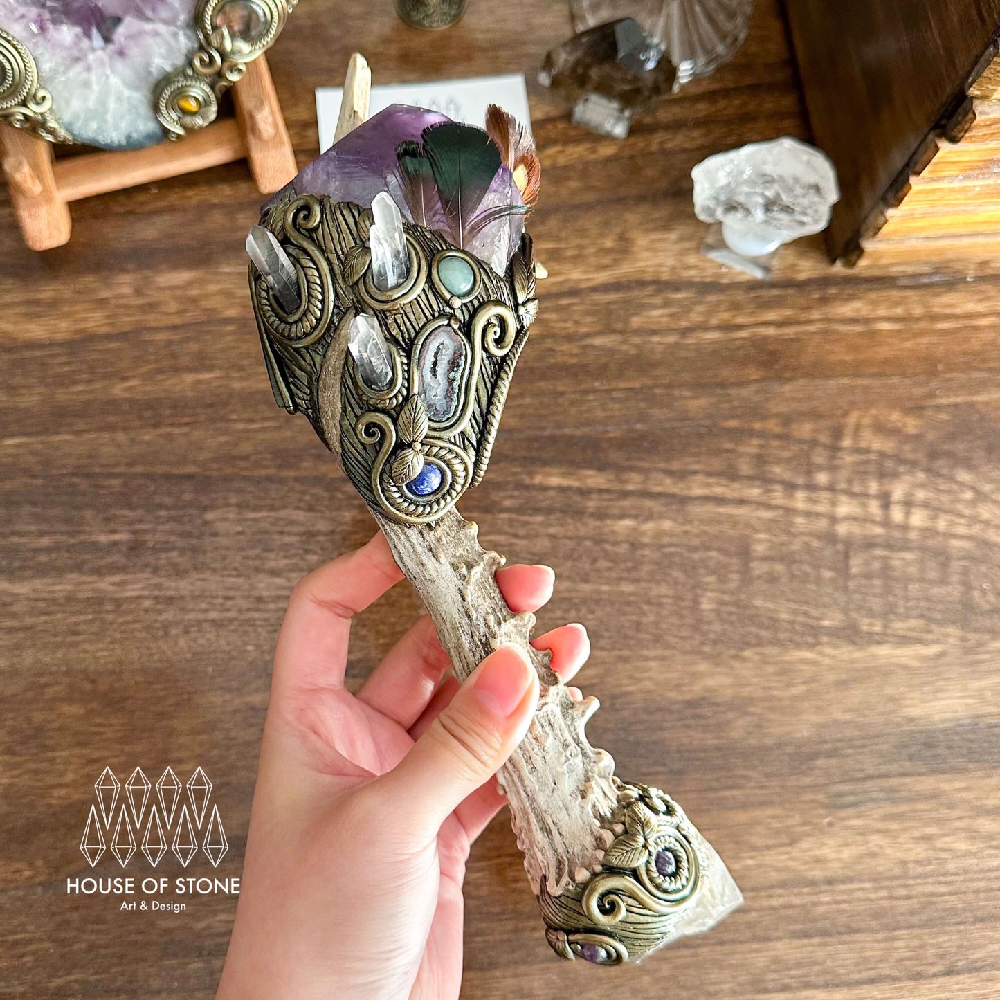 Handmade Natural Crystal Amethyst Antler Wand/Magic Smoky Quartz Witch Wand/Labradorite Amethyst Ammonite Antler Stem/Chakra/Altar Tool