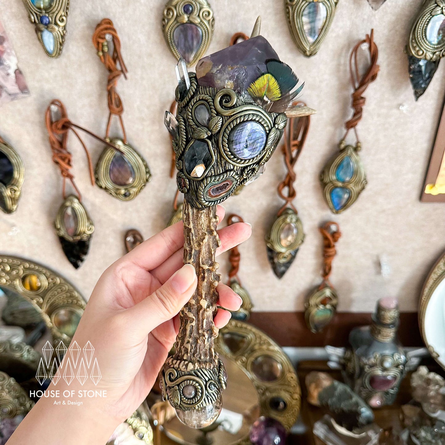 Handmade Natural Crystal Amethyst Antler Wand/Magic Smoky Quartz Witch Wand/Labradorite Amethyst Ammonite Antler Stem/Chakra/Altar Tool