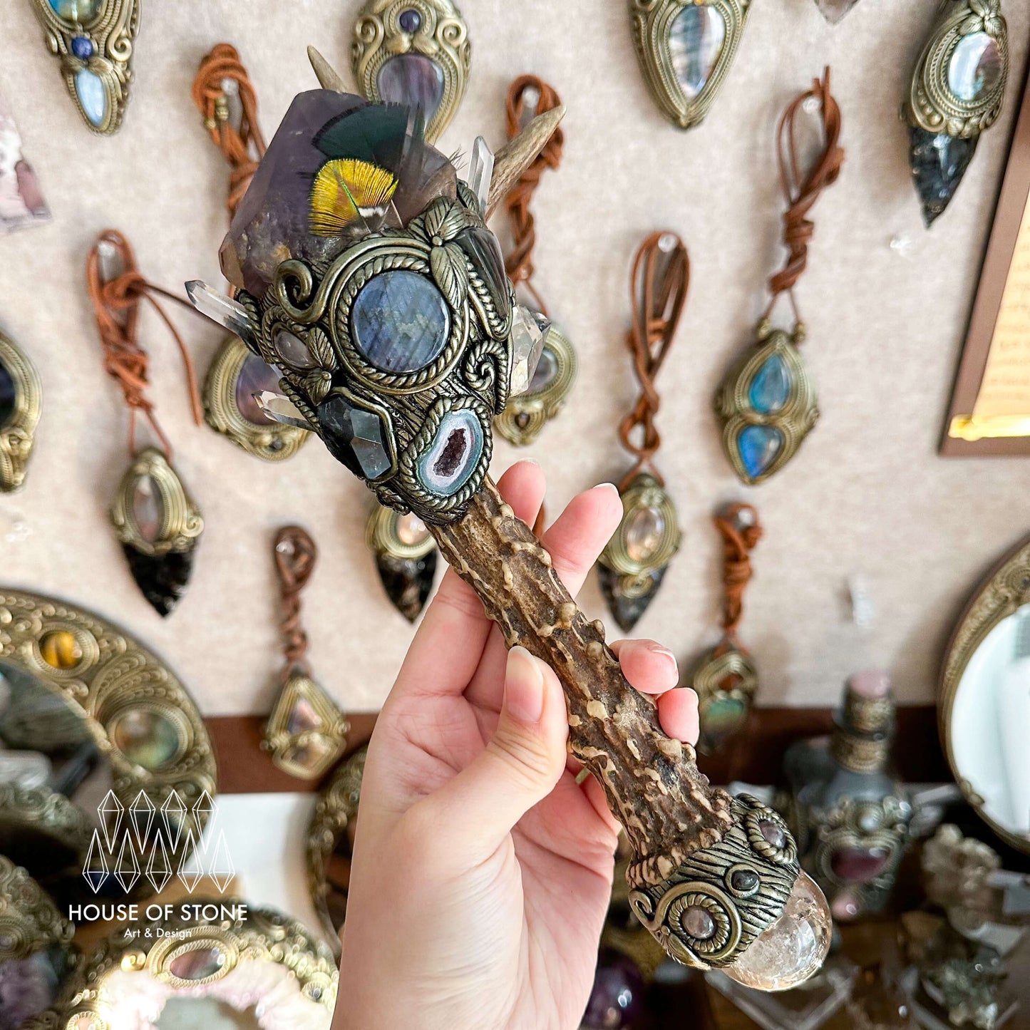 Handmade Natural Crystal Amethyst Antler Wand/Magic Smoky Quartz Witch Wand/Labradorite Amethyst Ammonite Antler Stem/Chakra/Altar Tool