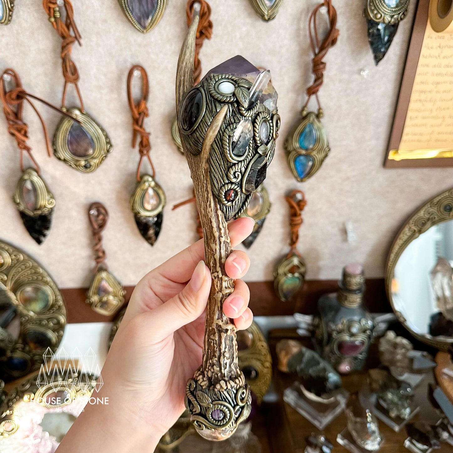 Handmade Natural Crystal Amethyst Antler Wand/Magic Smoky Quartz Witch Wand/Labradorite Amethyst Ammonite Antler Stem/Chakra/Altar Tool