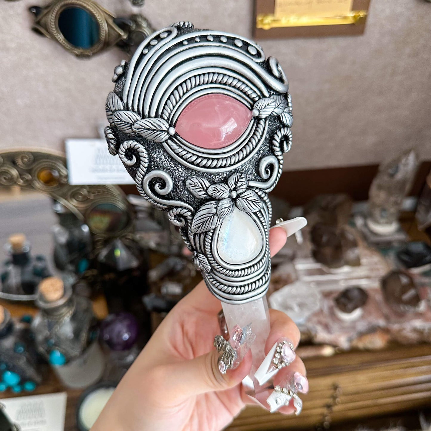 Handmade Natural Black Obsidian Mirror/Magic Obsidian Witch Wand/Crystal Quartz Wand/Scrying Mirror Wand/Root Chakra/Manifest Altar Tool