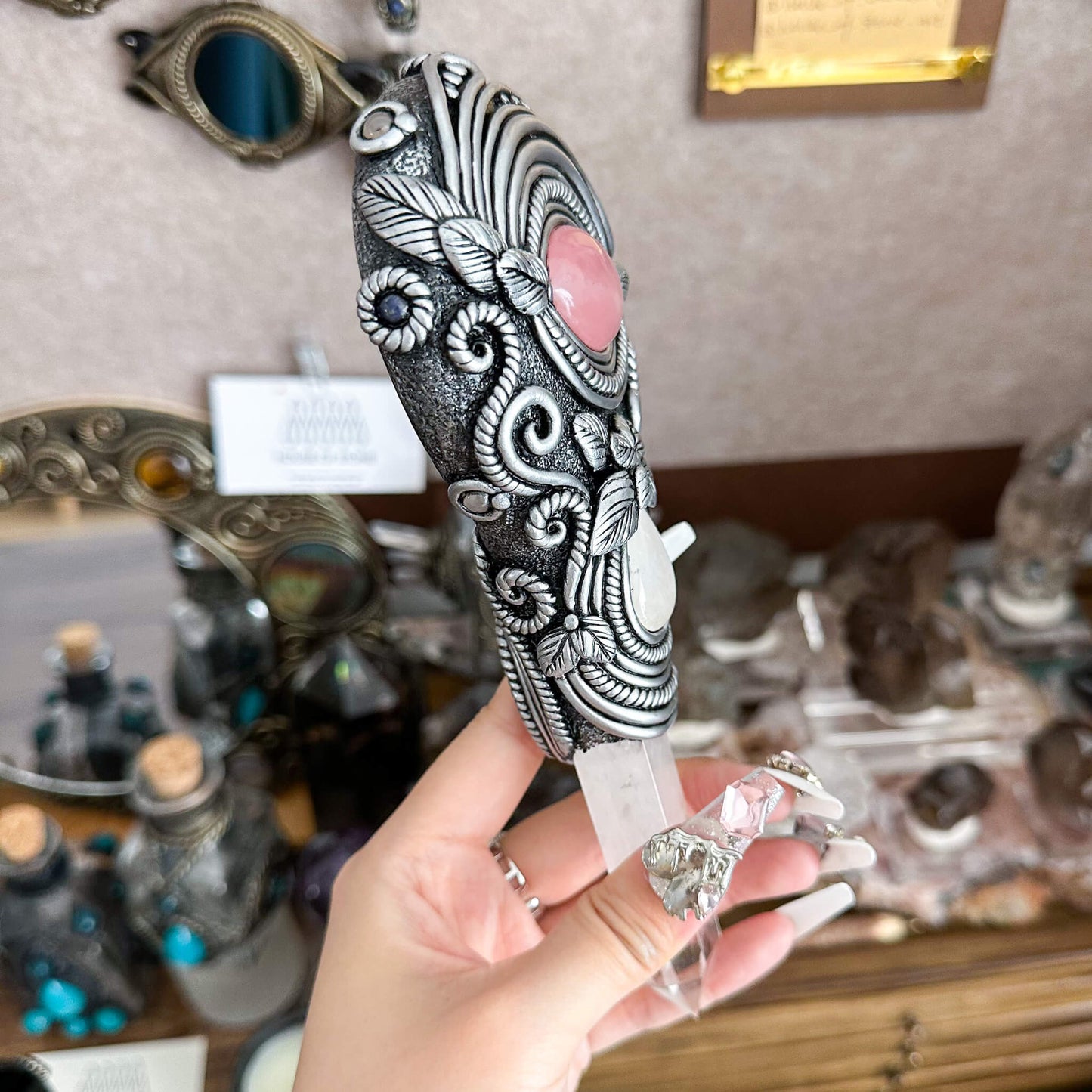 Handmade Natural Black Obsidian Mirror/Magic Obsidian Witch Wand/Crystal Quartz Wand/Scrying Mirror Wand/Root Chakra/Manifest Altar Tool