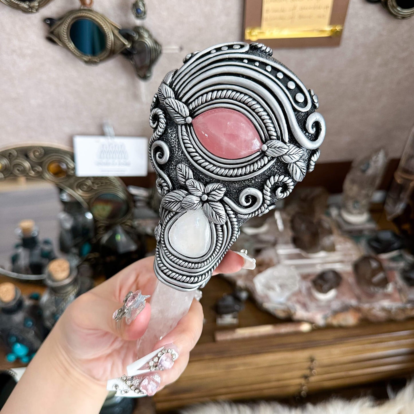 Handmade Natural Black Obsidian Mirror/Magic Obsidian Witch Wand/Crystal Quartz Wand/Scrying Mirror Wand/Root Chakra/Manifest Altar Tool