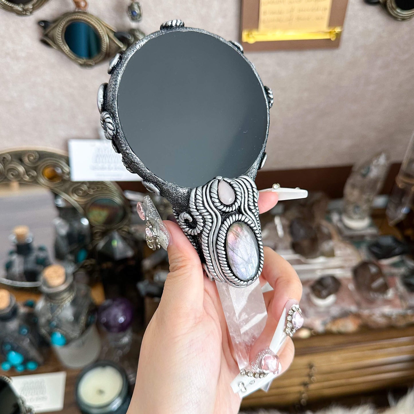 Handmade Natural Black Obsidian Mirror/Magic Obsidian Witch Wand/Crystal Quartz Wand/Scrying Mirror Wand/Root Chakra/Manifest Altar Tool
