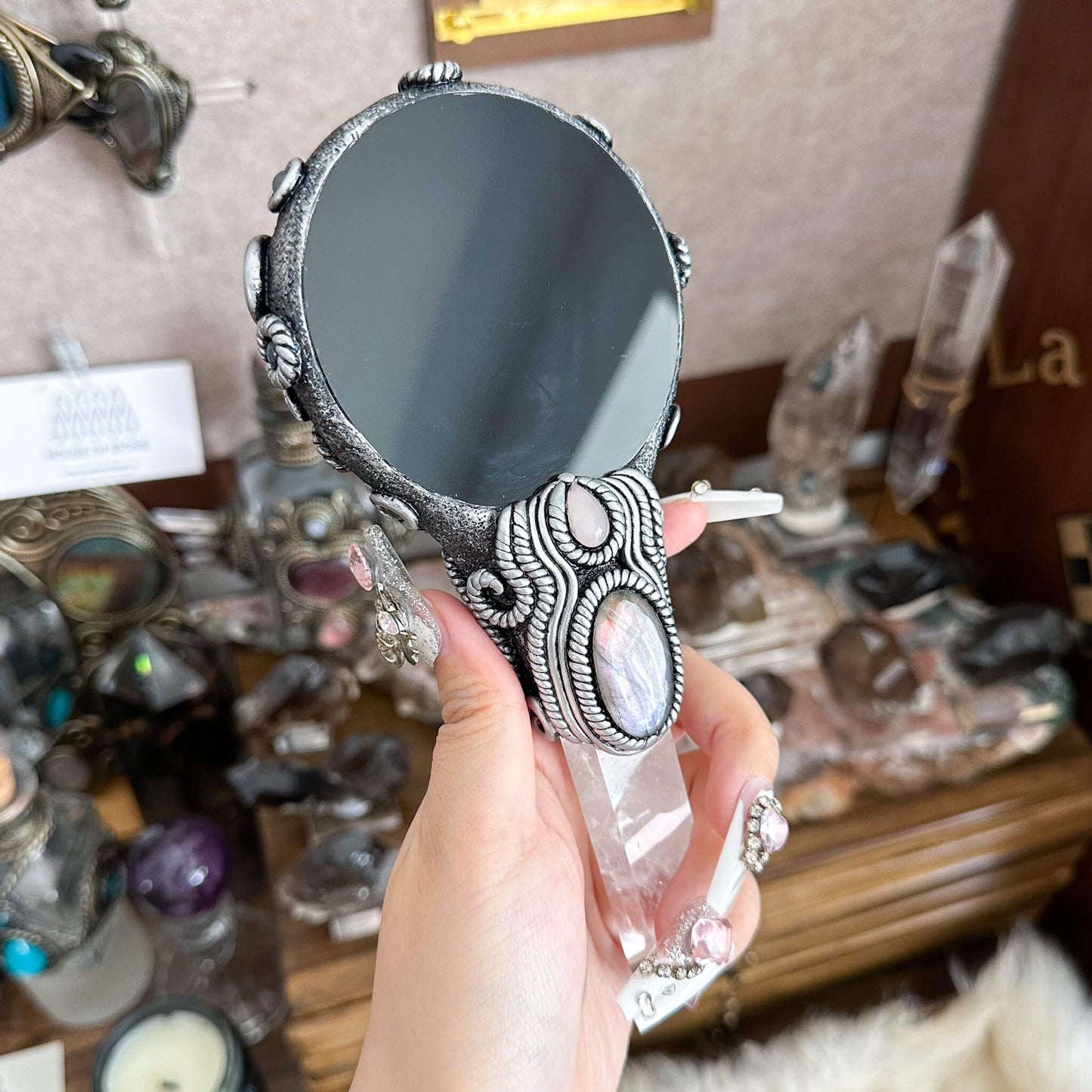 Handmade Natural Black Obsidian Mirror/Magic Obsidian Witch Wand/Crystal Quartz Wand/Scrying Mirror Wand/Root Chakra/Manifest Altar Tool