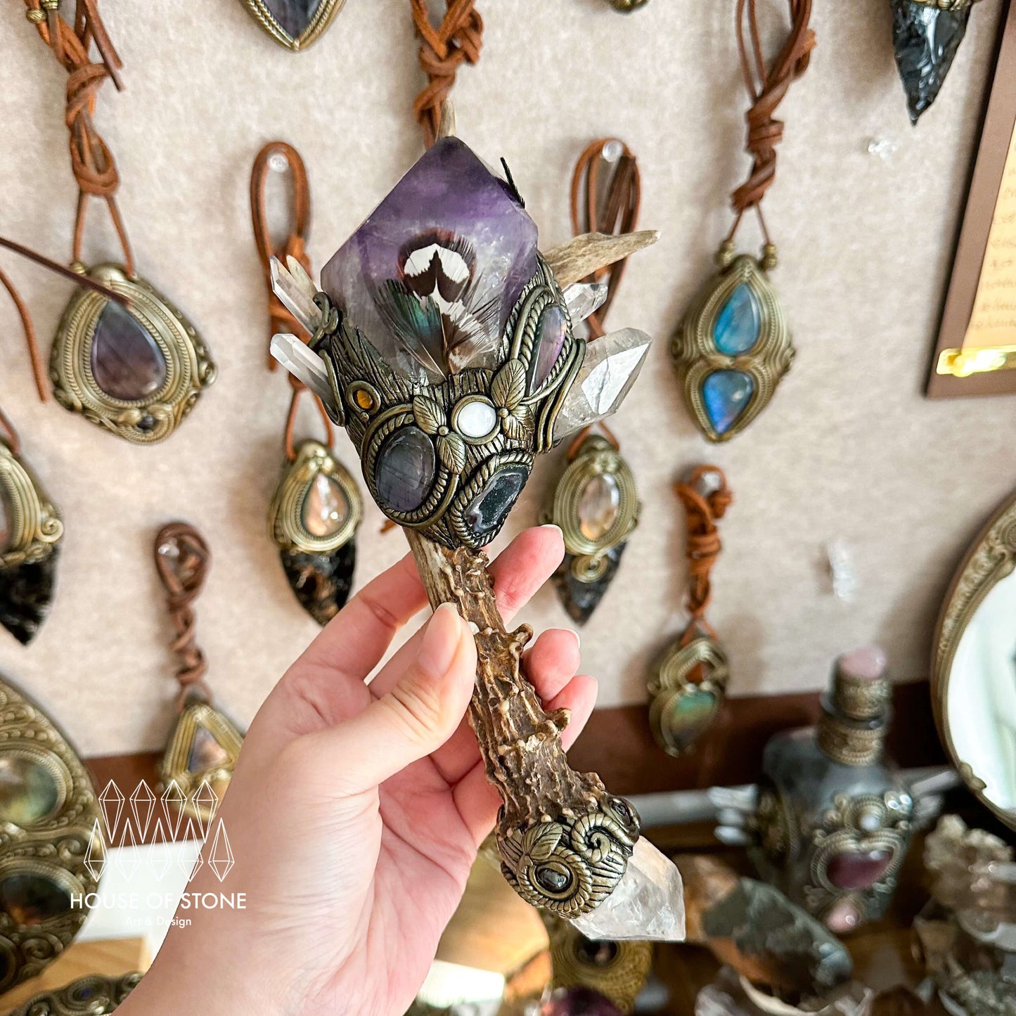 Handmade Natural Crystal Amethyst Antler Wand/Magic Smoky Quartz Witch Wand/Labradorite Amethyst Ammonite Antler Stem/Chakra/Altar Tool