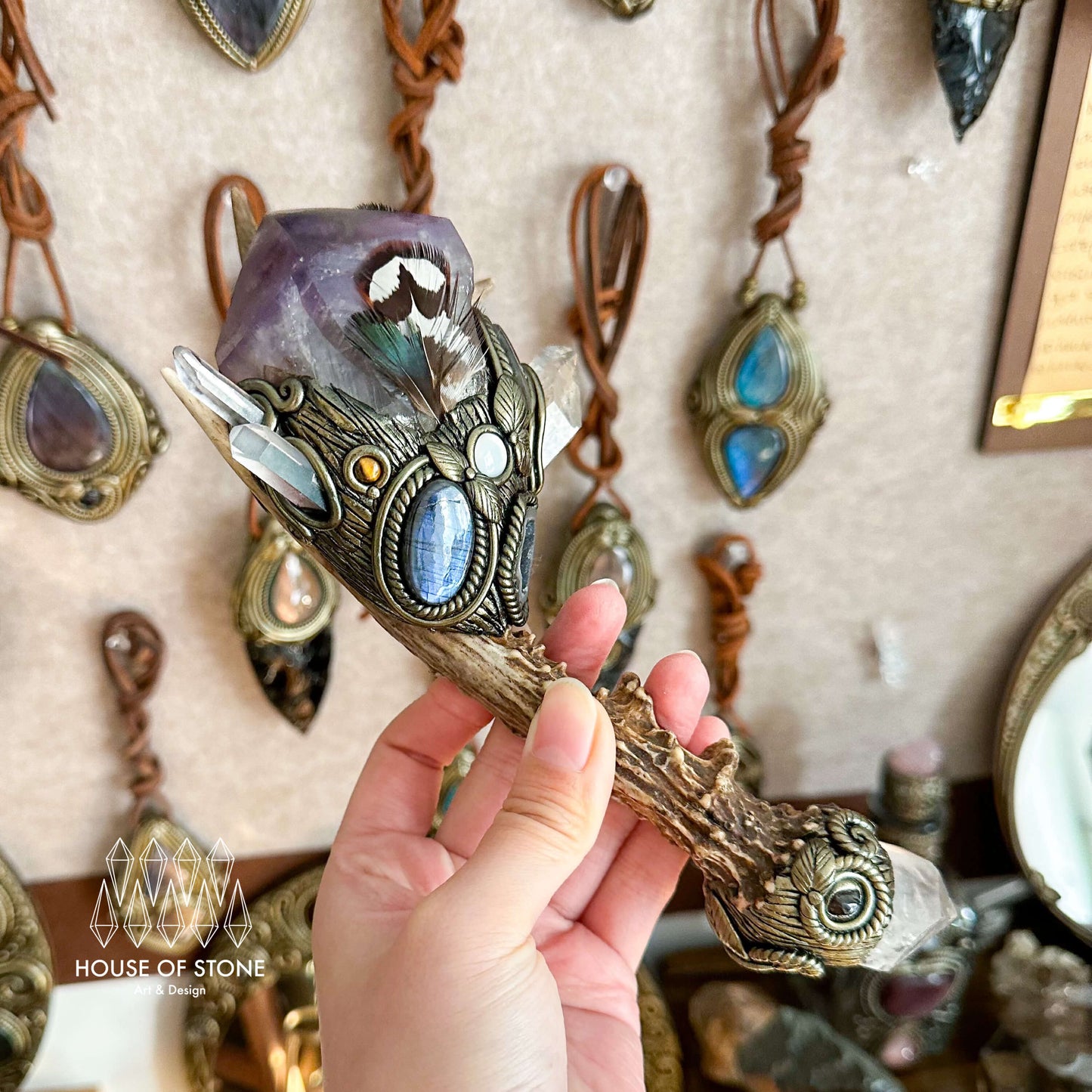 Handmade Natural Crystal Amethyst Antler Wand/Magic Smoky Quartz Witch Wand/Labradorite Amethyst Ammonite Antler Stem/Chakra/Altar Tool