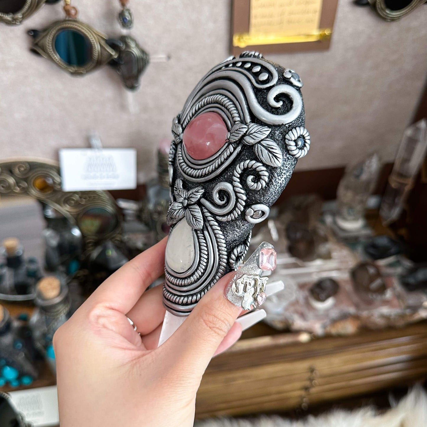 Handmade Natural Black Obsidian Mirror/Magic Obsidian Witch Wand/Crystal Quartz Wand/Scrying Mirror Wand/Root Chakra/Manifest Altar Tool
