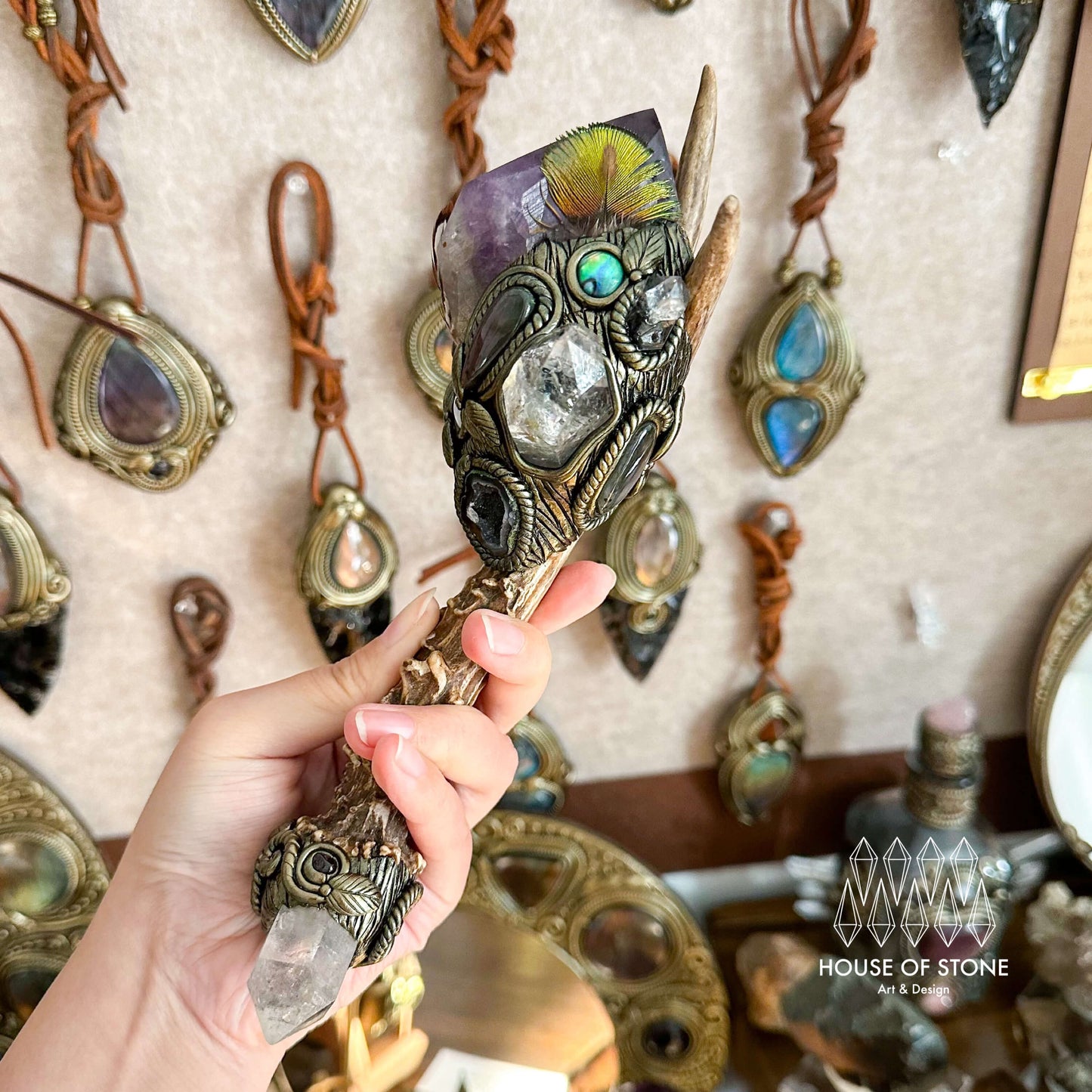 Handmade Natural Crystal Amethyst Antler Wand/Magic Smoky Quartz Witch Wand/Labradorite Amethyst Ammonite Antler Stem/Chakra/Altar Tool