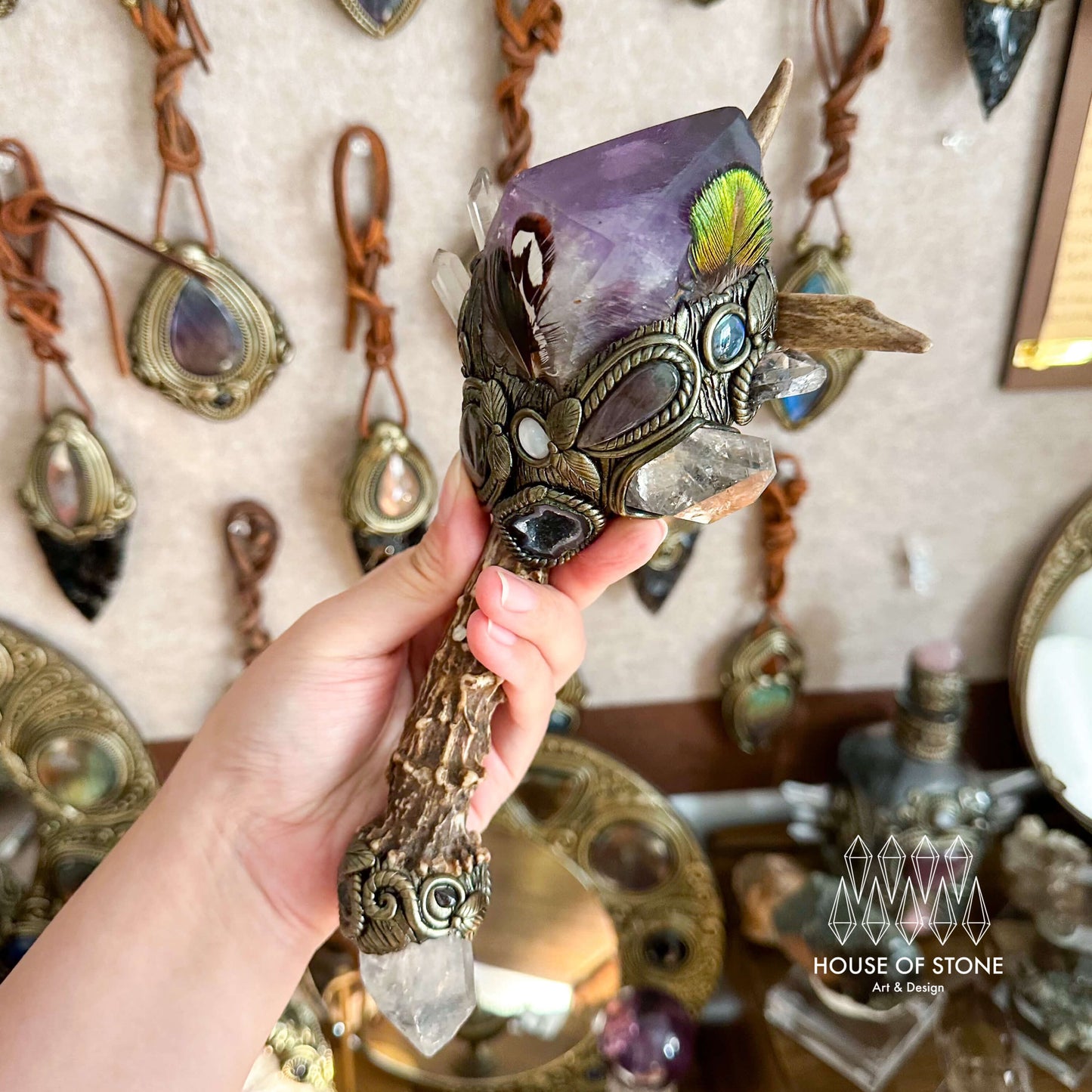 Handmade Natural Crystal Amethyst Antler Wand/Magic Smoky Quartz Witch Wand/Labradorite Amethyst Ammonite Antler Stem/Chakra/Altar Tool