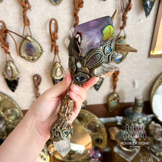 Handmade Natural Crystal Amethyst Antler Wand/Magic Smoky Quartz Witch Wand/Labradorite Amethyst Ammonite Antler Stem/Chakra/Altar Tool