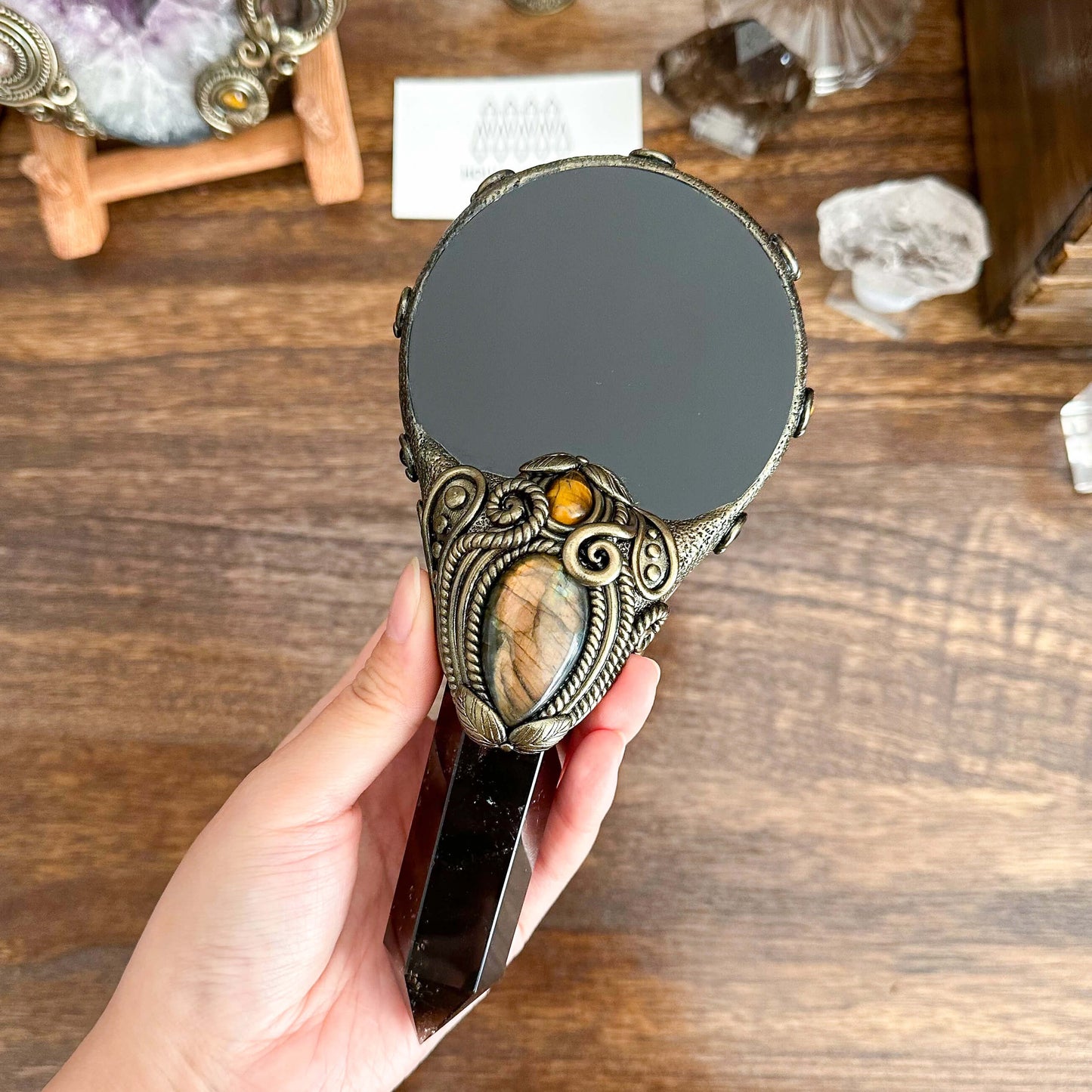 Handmade Natural Black Obsidian Mirror/Magic Obsidian Witch Wand/Crystal Quartz Wand/Scrying Mirror Wand/Root Chakra/Manifest Altar Tool