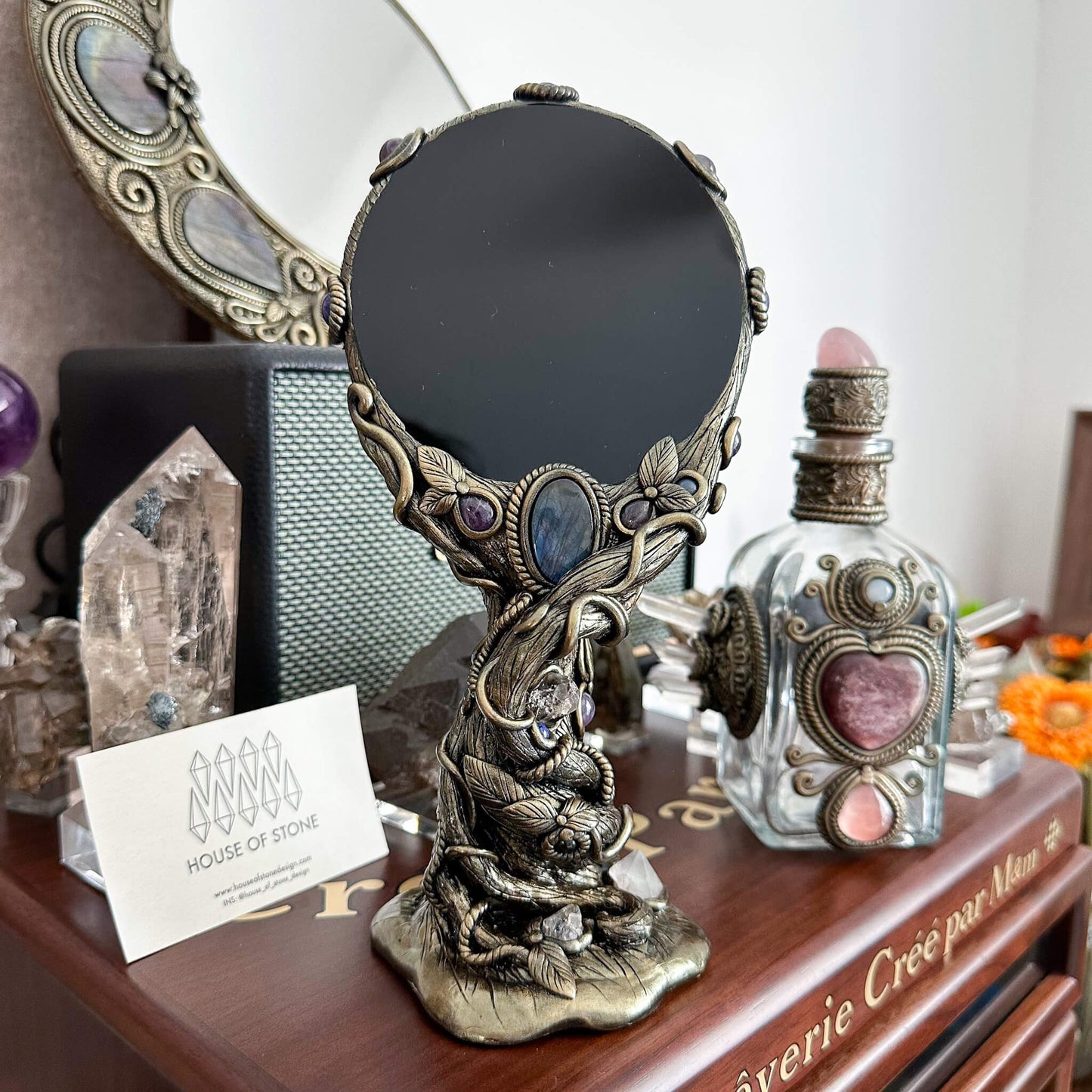 Handmade Natural Black Obsidian Mirror/Magic Obsidian Witch/Crystal Quartz with Base/Scrying Mirror/Root Chakra/Manifest Altar Tool