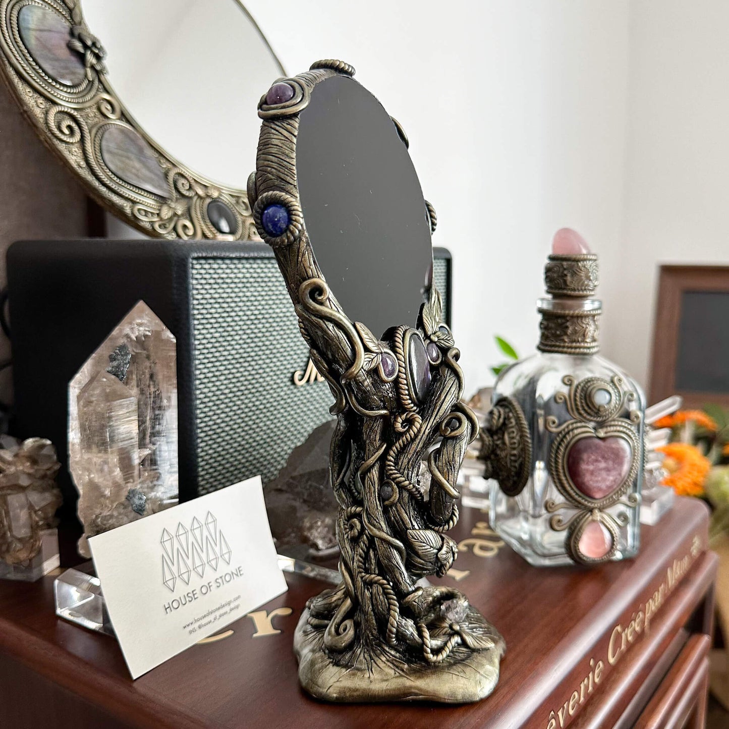 Handmade Natural Black Obsidian Mirror/Magic Obsidian Witch/Crystal Quartz with Base/Scrying Mirror/Root Chakra/Manifest Altar Tool