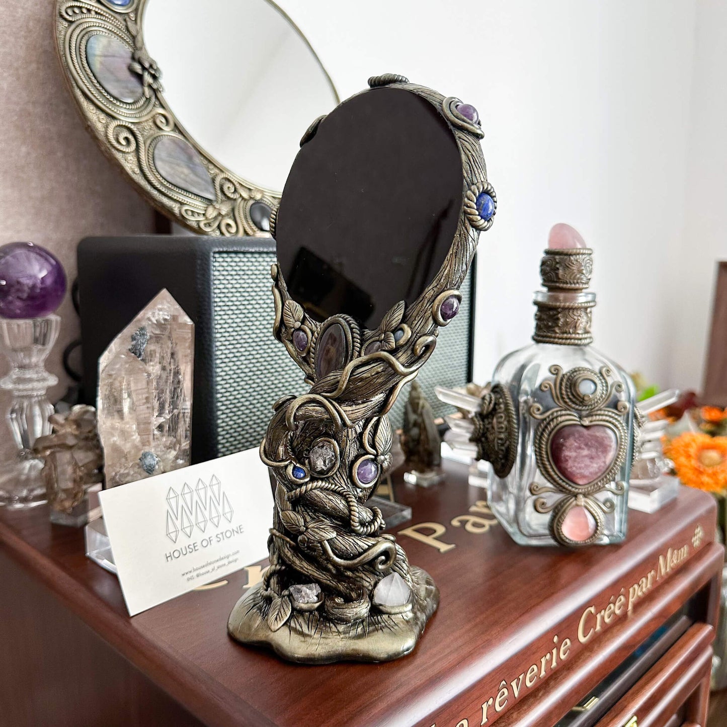 Handmade Natural Black Obsidian Mirror/Magic Obsidian Witch/Crystal Quartz with Base/Scrying Mirror/Root Chakra/Manifest Altar Tool