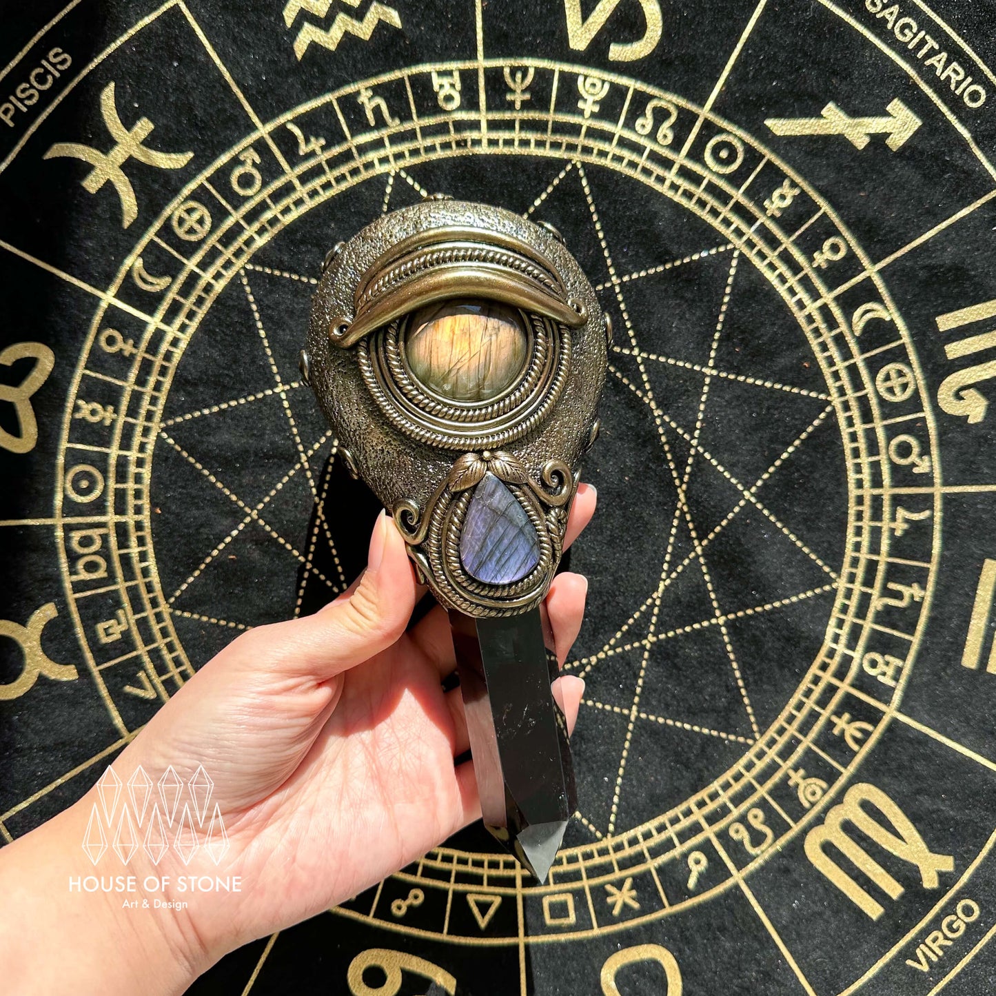 Handmade Natural Black Obsidian Mirror/Magic Obsidian Witch Wand/Crystal Quartz Wand/Scrying Mirror Wand/Root Chakra/Manifest Altar Tool