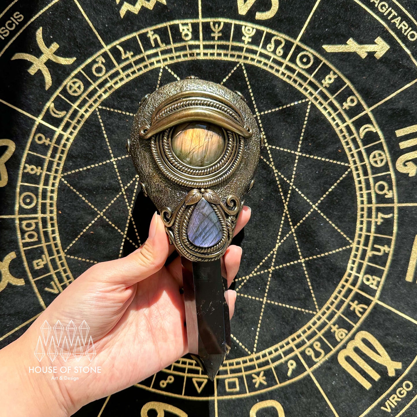 Handmade Natural Black Obsidian Mirror/Magic Obsidian Witch Wand/Crystal Quartz Wand/Scrying Mirror Wand/Root Chakra/Manifest Altar Tool