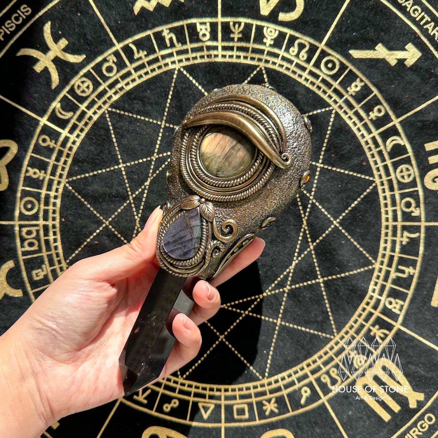 Handmade Natural Black Obsidian Mirror/Magic Obsidian Witch Wand/Crystal Quartz Wand/Scrying Mirror Wand/Root Chakra/Manifest Altar Tool