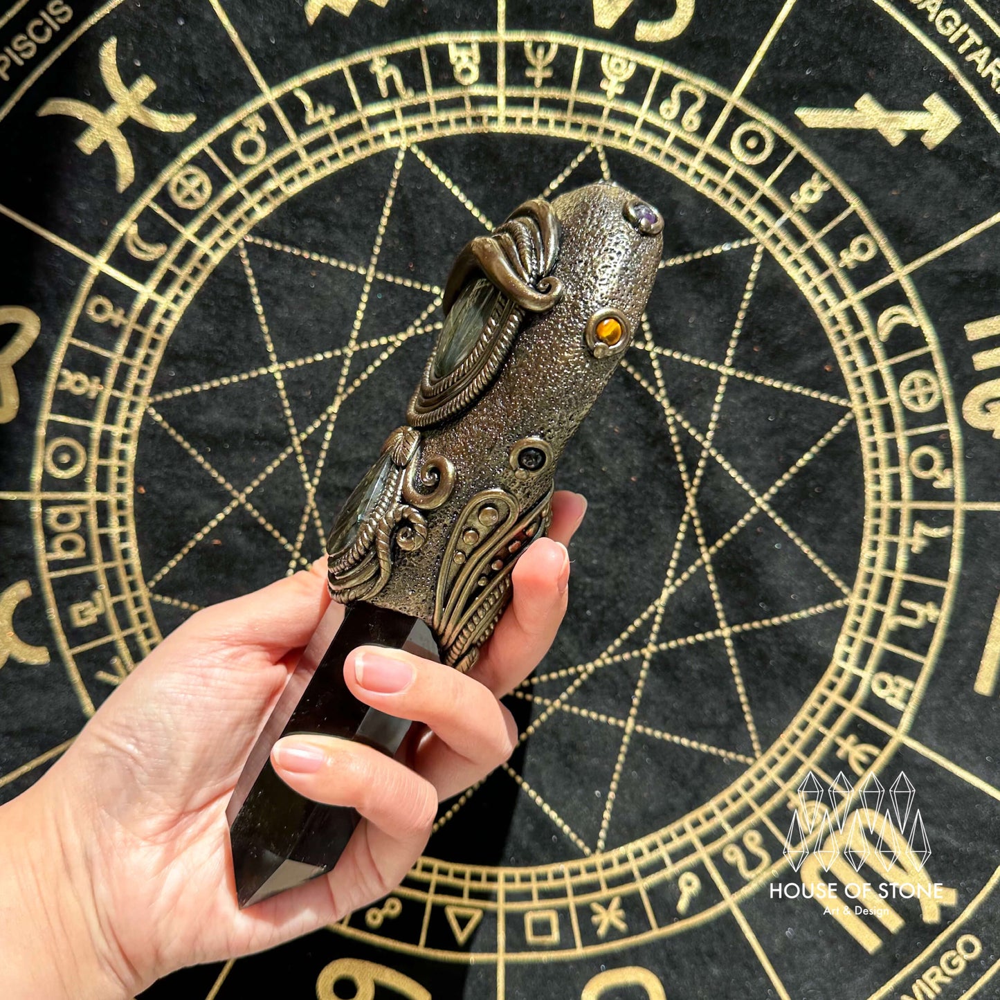Handmade Natural Black Obsidian Mirror/Magic Obsidian Witch Wand/Crystal Quartz Wand/Scrying Mirror Wand/Root Chakra/Manifest Altar Tool