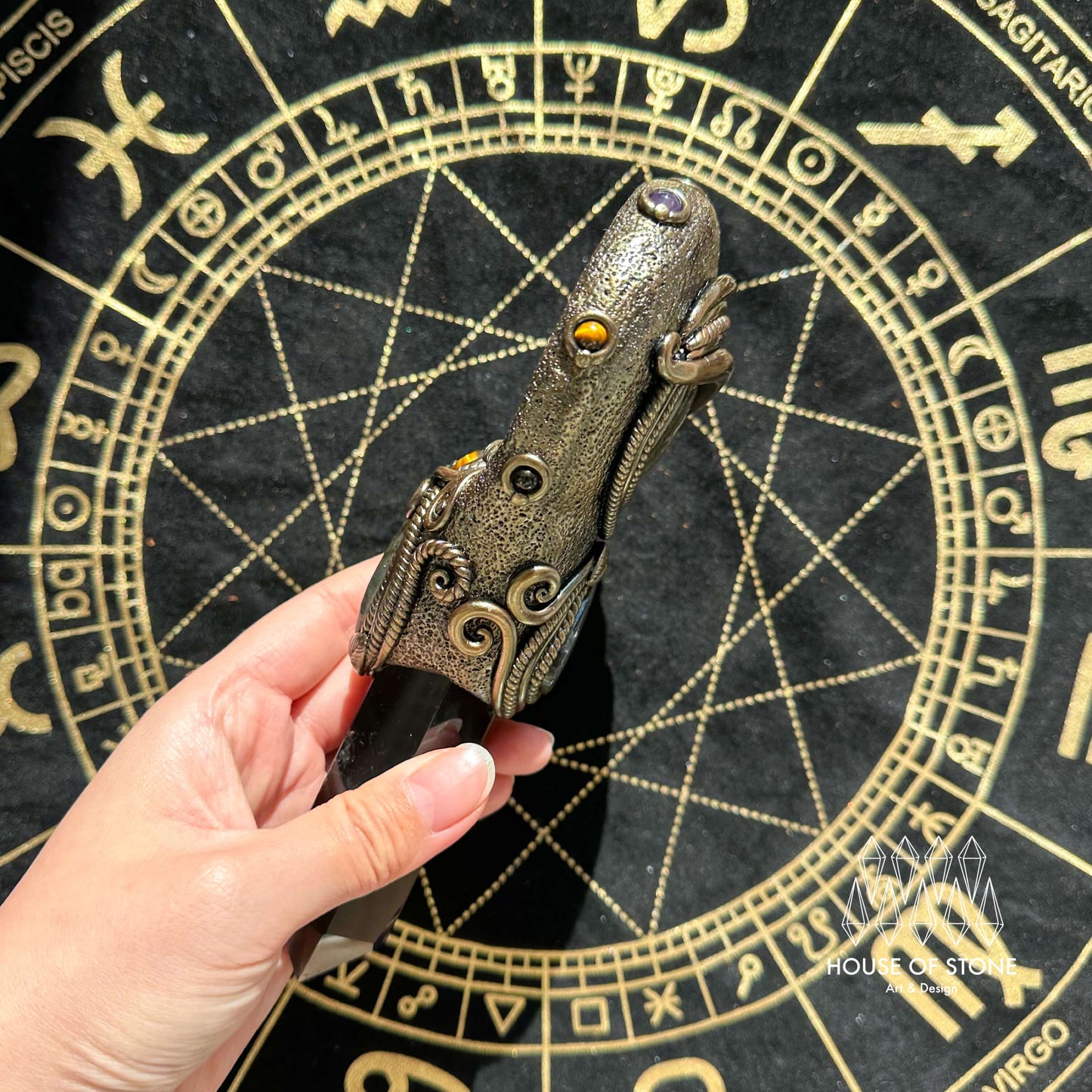 Handmade Natural Black Obsidian Mirror/Magic Obsidian Witch Wand/Crystal Quartz Wand/Scrying Mirror Wand/Root Chakra/Manifest Altar Tool