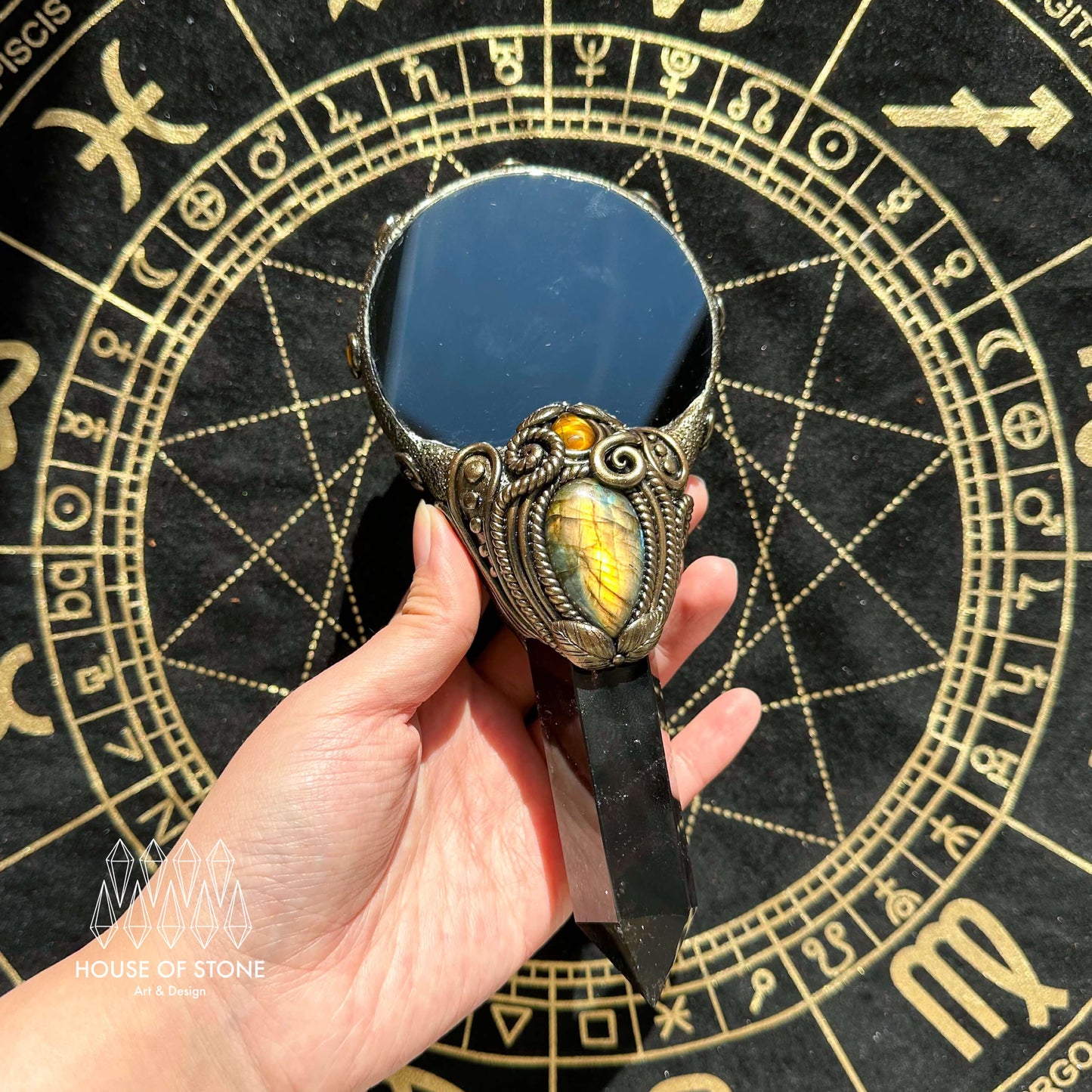 Handmade Natural Black Obsidian Mirror/Magic Obsidian Witch Wand/Crystal Quartz Wand/Scrying Mirror Wand/Root Chakra/Manifest Altar Tool