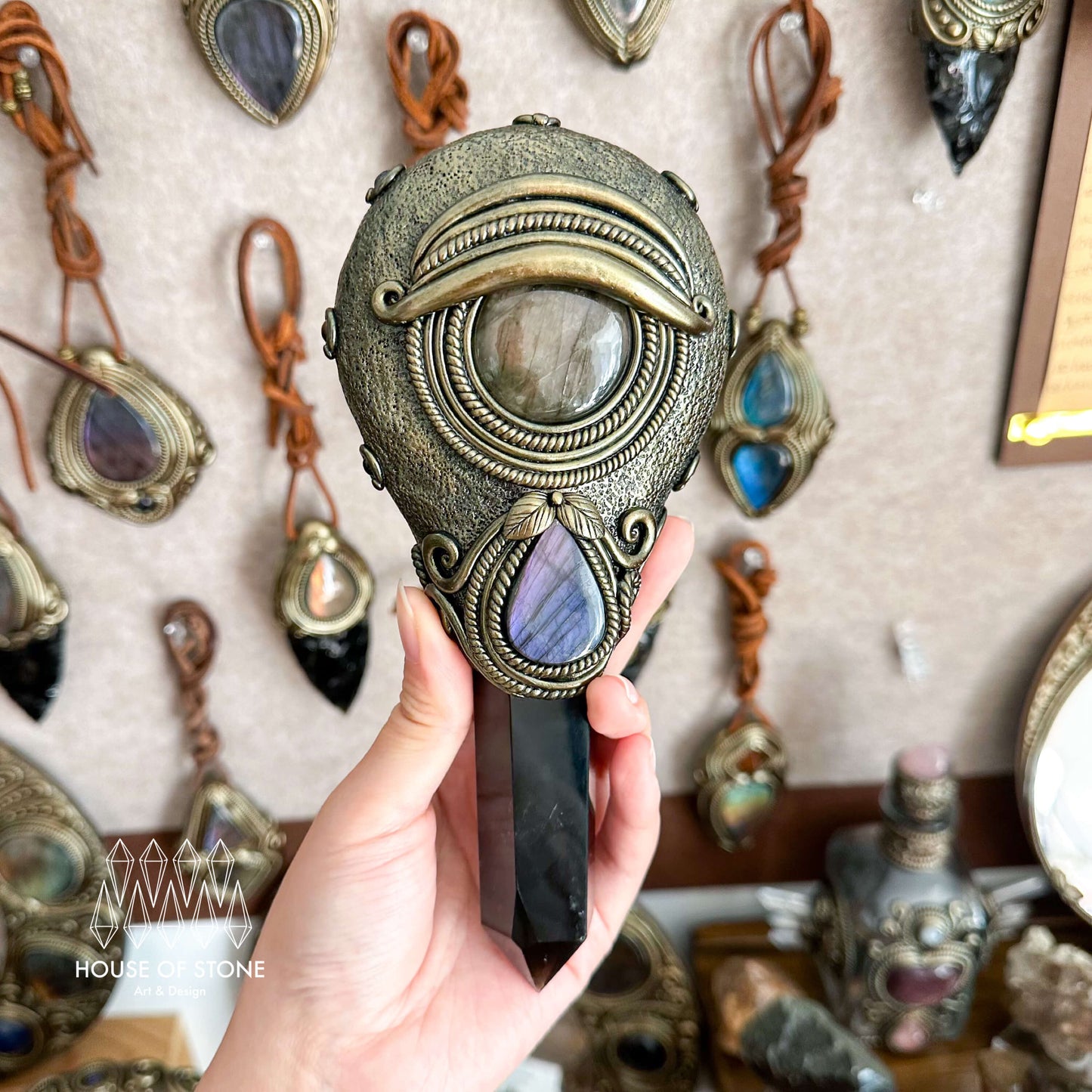 Handmade Natural Black Obsidian Mirror/Magic Obsidian Witch Wand/Crystal Quartz Wand/Scrying Mirror Wand/Root Chakra/Manifest Altar Tool