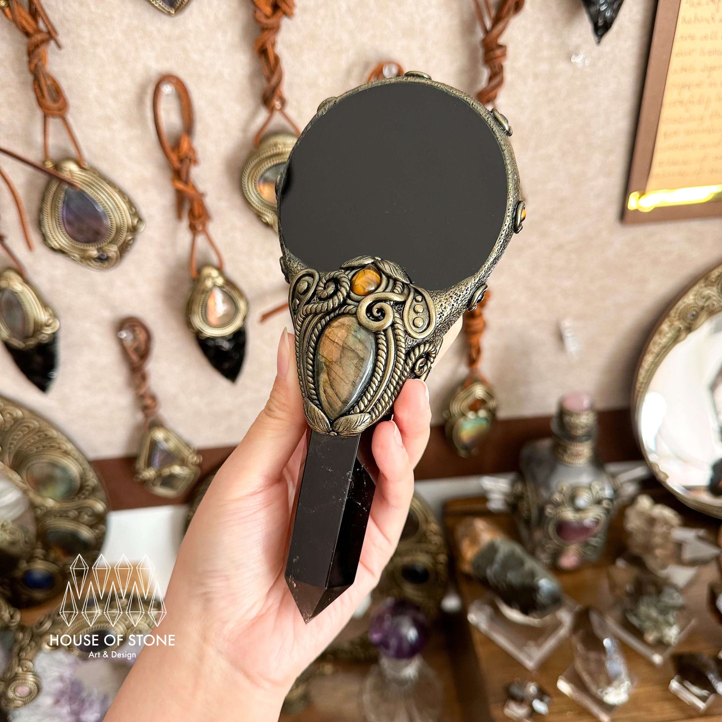 Handmade Natural Black Obsidian Mirror/Magic Obsidian Witch Wand/Crystal Quartz Wand/Scrying Mirror Wand/Root Chakra/Manifest Altar Tool