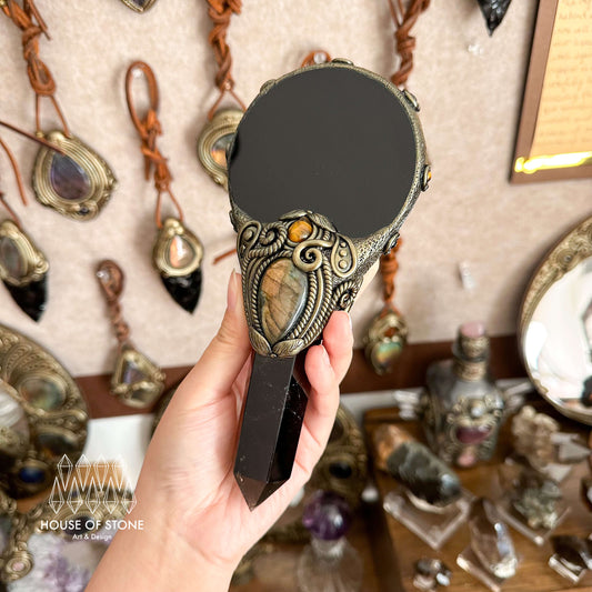 Handmade Natural Black Obsidian Mirror/Magic Obsidian Witch Wand/Crystal Quartz Wand/Scrying Mirror Wand/Root Chakra/Manifest Altar Tool