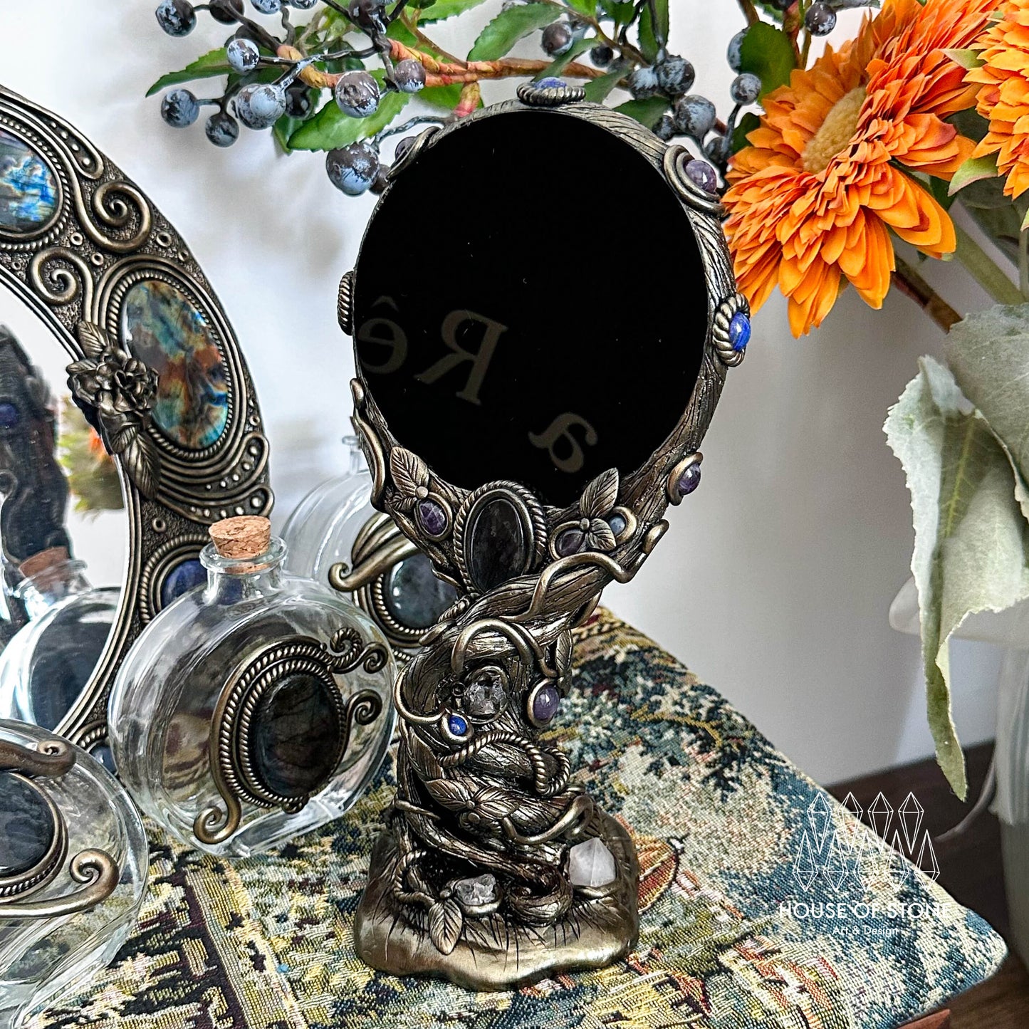 Handmade Natural Black Obsidian Mirror/Magic Obsidian Witch/Crystal Quartz with Base/Scrying Mirror/Root Chakra/Manifest Altar Tool