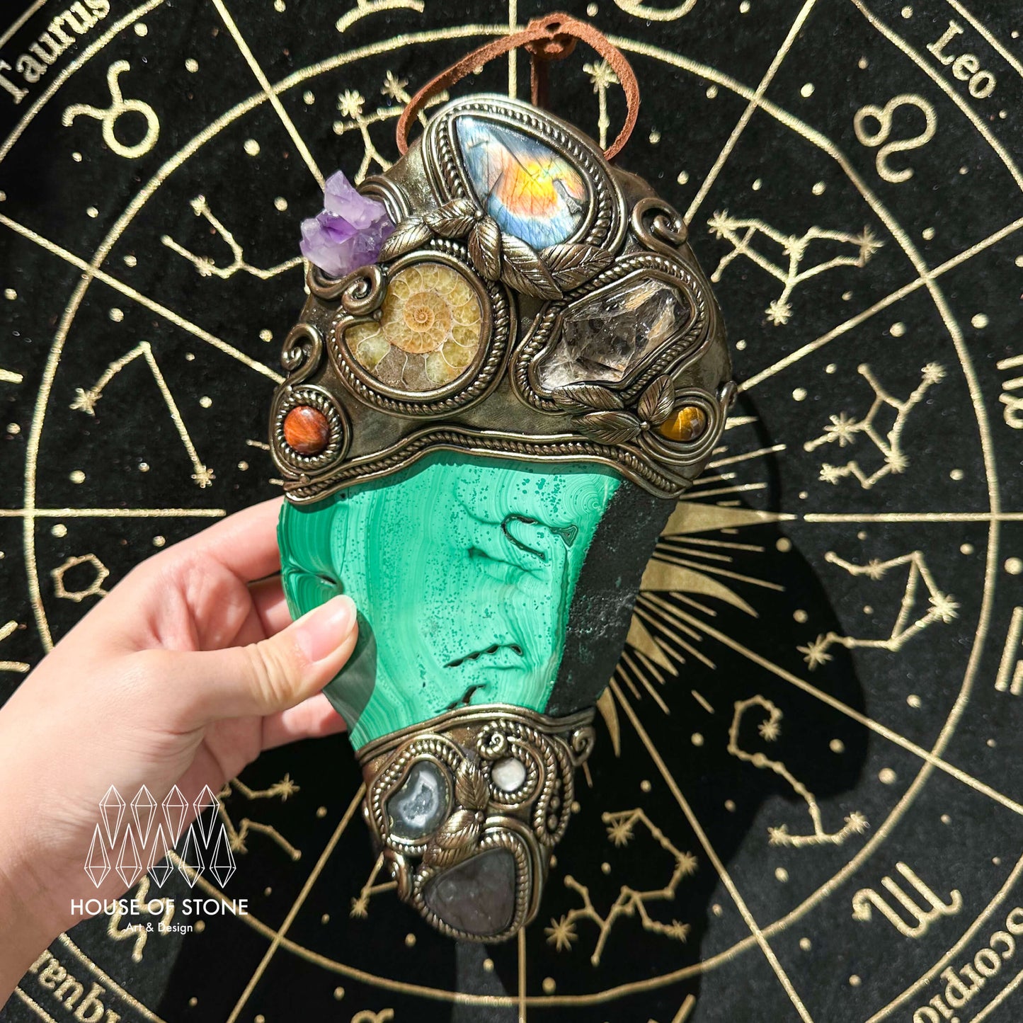 Handmade Natural Malachite Crystal Wall Hanging Decor/Spiritual Window Interior Room Hangings/Christmas Crystal Door Hanging