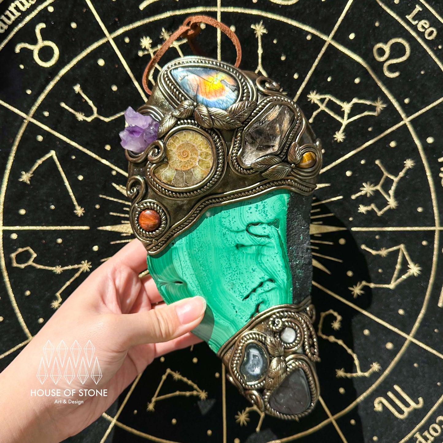 Handmade Natural Malachite Crystal Wall Hanging Decor/Spiritual Window Interior Room Hangings/Christmas Crystal Door Hanging