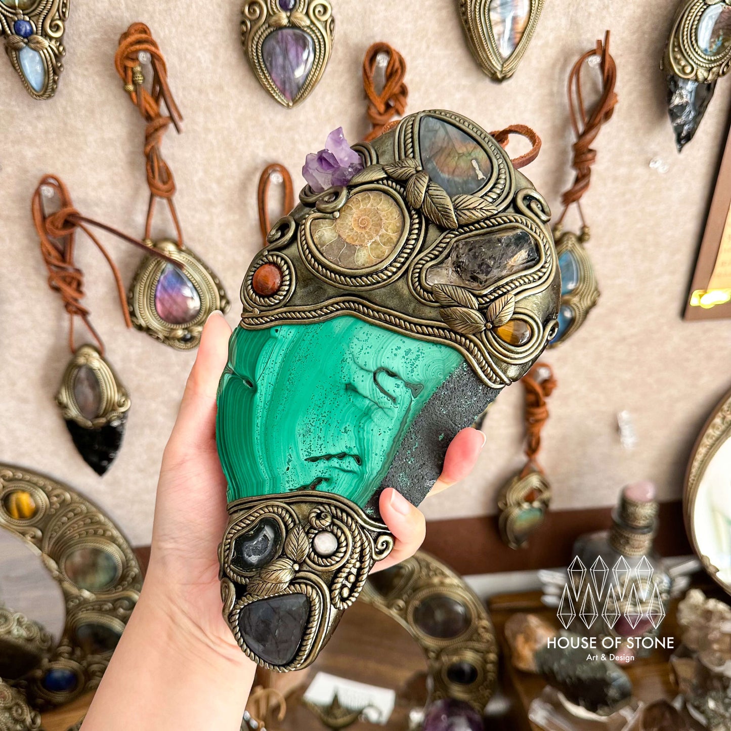 Handmade Natural Malachite Crystal Wall Hanging Decor/Spiritual Window Interior Room Hangings/Christmas Crystal Door Hanging