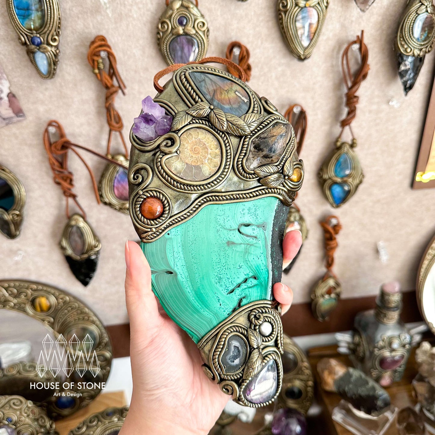 Handmade Natural Malachite Crystal Wall Hanging Decor/Spiritual Window Interior Room Hangings/Christmas Crystal Door Hanging