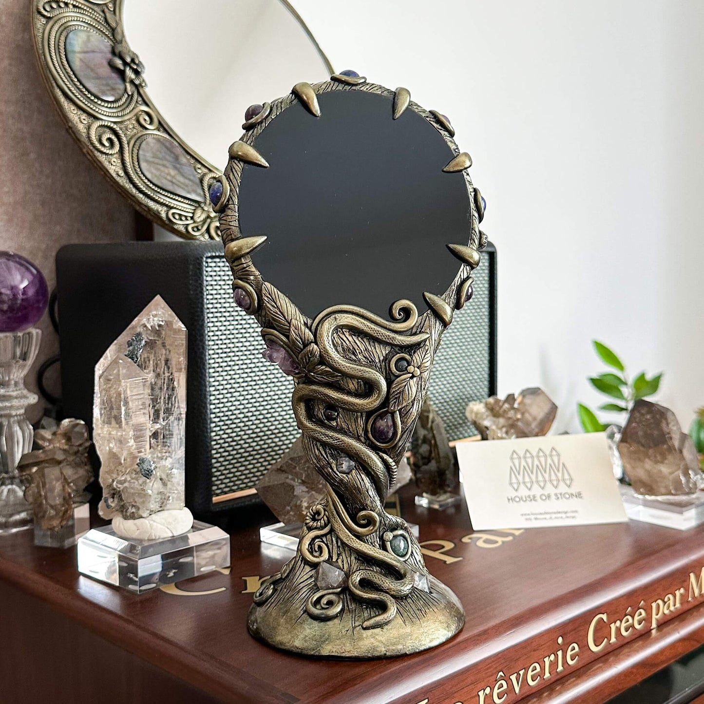 Handmade Natural Black Obsidian Mirror/Magic Obsidian Witch/Crystal Quartz with Base/Scrying Mirror/Root Chakra/Manifest Altar Tool