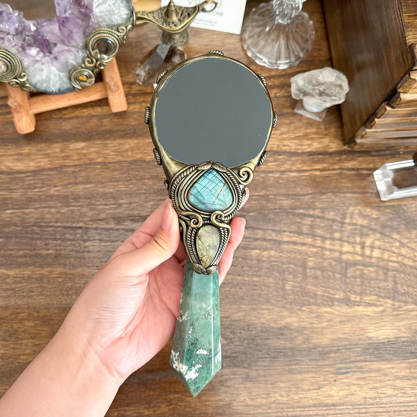 Handmade Natural Black Obsidian Mirror/Magic Obsidian Witch Wand/Crystal Quartz Wand/Scrying Mirror Wand/Root Chakra/Manifest Altar Tool