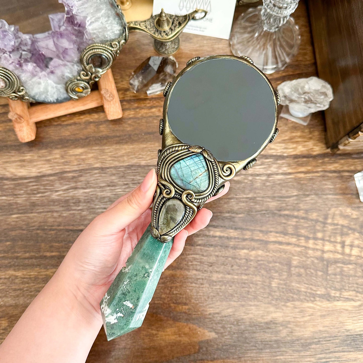 Handmade Natural Black Obsidian Mirror/Magic Obsidian Witch Wand/Crystal Quartz Wand/Scrying Mirror Wand/Root Chakra/Manifest Altar Tool