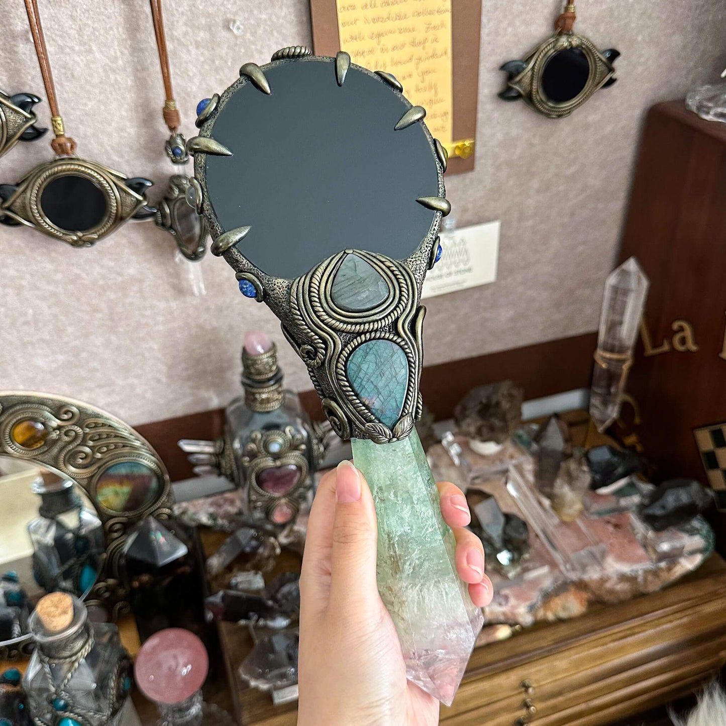 Handmade Natural Black Obsidian Mirror/Magic Obsidian Witch Wand/Crystal Quartz Wand/Scrying Mirror Wand/Root Chakra/Manifest Altar Tool
