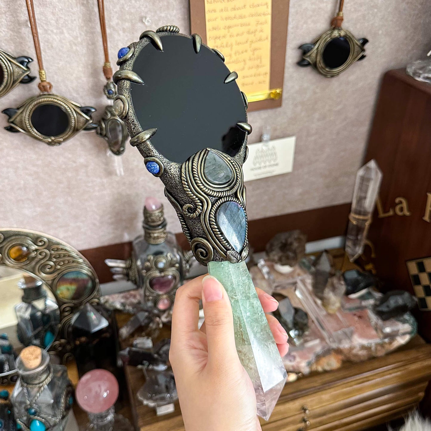 Handmade Natural Black Obsidian Mirror/Magic Obsidian Witch Wand/Crystal Quartz Wand/Scrying Mirror Wand/Root Chakra/Manifest Altar Tool