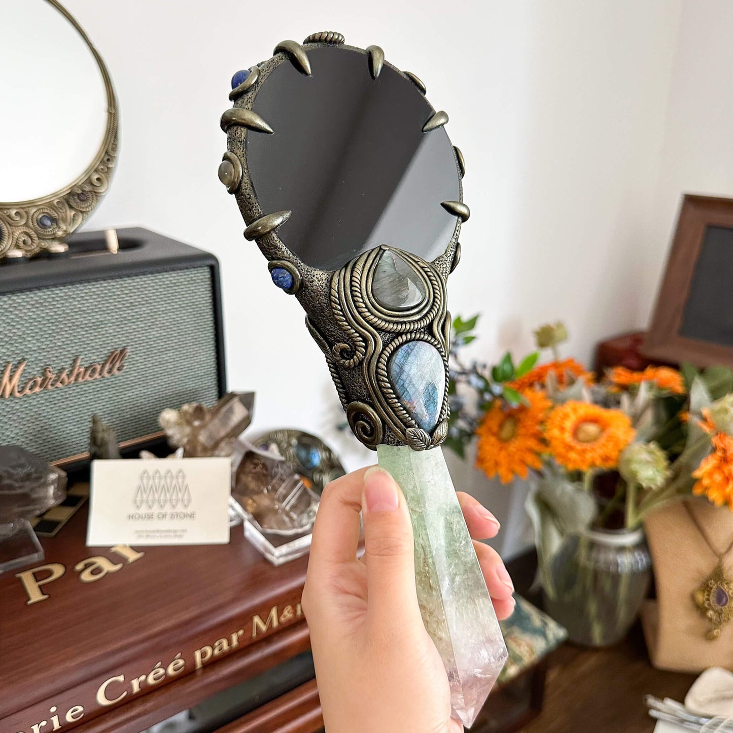 Handmade Natural Black Obsidian Mirror/Magic Obsidian Witch Wand/Crystal Quartz Wand/Scrying Mirror Wand/Root Chakra/Manifest Altar Tool