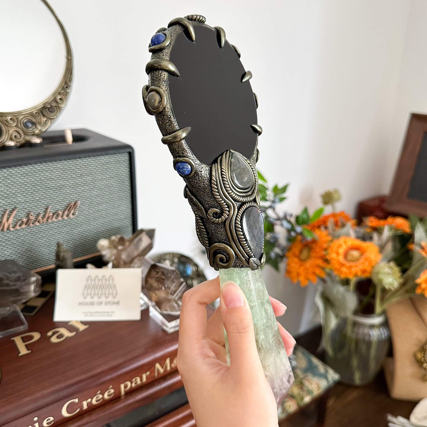Handmade Natural Black Obsidian Mirror/Magic Obsidian Witch Wand/Crystal Quartz Wand/Scrying Mirror Wand/Root Chakra/Manifest Altar Tool
